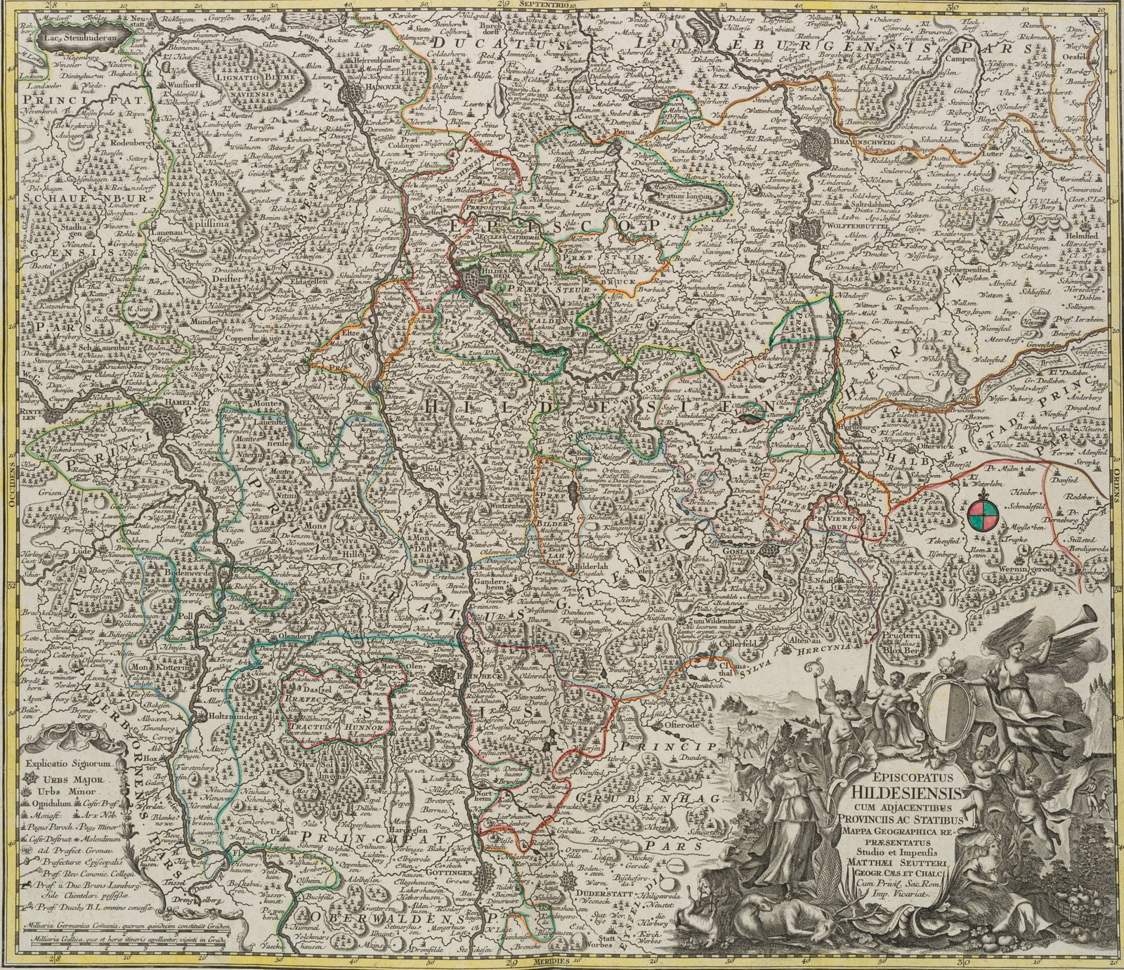 M. SEUTTER (1678-1756), Map. Diocese of Hildesheim, around 1735, Copper engraving: Matthäus Seutter (1678 Augsburg - 1756 ibid.): "Episcopatus Hildesiensis cum adjacentibus Provinciis" Topographical map of the territories of the diocese of Hildesheim, c. 1735, Copper engraving 