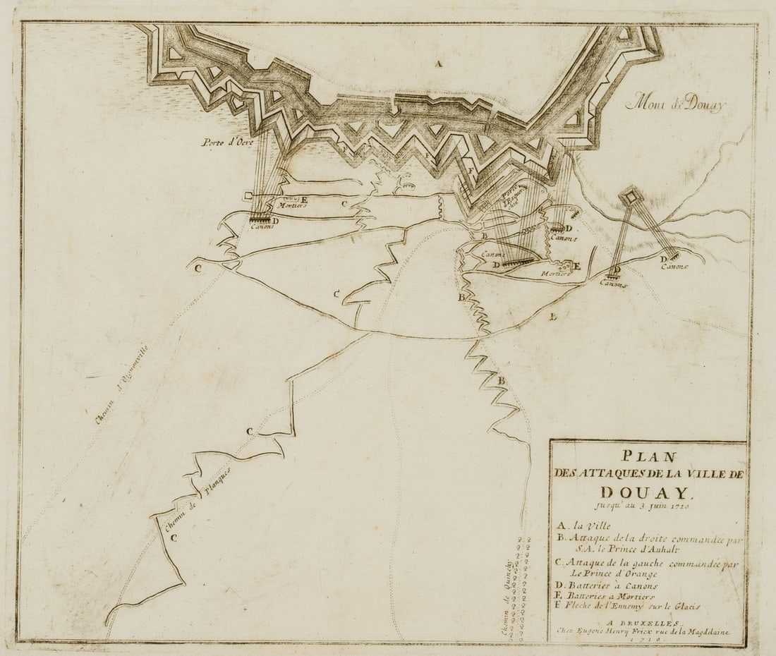 Unknown (18th), Overview map. Attack on Douai, around 1710, Copper engraving: Unknown (18th century): Military overview map Attack on Douay, c. 1710, Copper engraving Technique: Copper engraving on Paper Inscription: Inscribed lower right in the rectangular frame with "PLAN DES