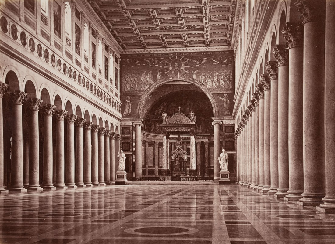 FRATELLI ALINARI (19th) Circle, Basilica of St Paul, interior, around 1880, albumen paper print: Fratelli Alinari (19th century) Circle: Rome, interior view of the Basilica of St Paolo fuori delle Mura, St Paul Outside the Walls, Papal Basilica, c. 1880, albumen paper print Technique: albumen pap