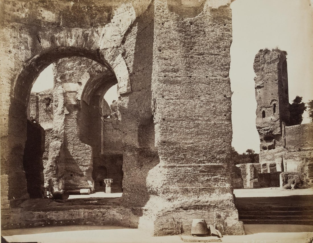 FRATELLI ALINARI (19th) Circle, Caracalla Baths, Rome, around 1880, albumen paper print: Fratelli Alinari (19th century) Circle: View through the ruins of the Baths of Caracalla 'Italy: The Baths of Caracalla in Rome', ancient bathing facilities, c. 1880, albumen paper print Technique: al