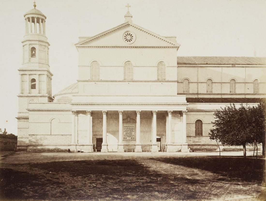 FRATELLI ALINARI (19th) Circle, Rome, Basilica of St Paul’s, around 1880, albumen paper print: Fratelli Alinari (19th century) Circle: Rome, Facade of the Basilica di San Paolo fuori le mura, c. 1880, albumen paper print Technique: albumen paper print, mounted on Cardboard Inscription: On the r