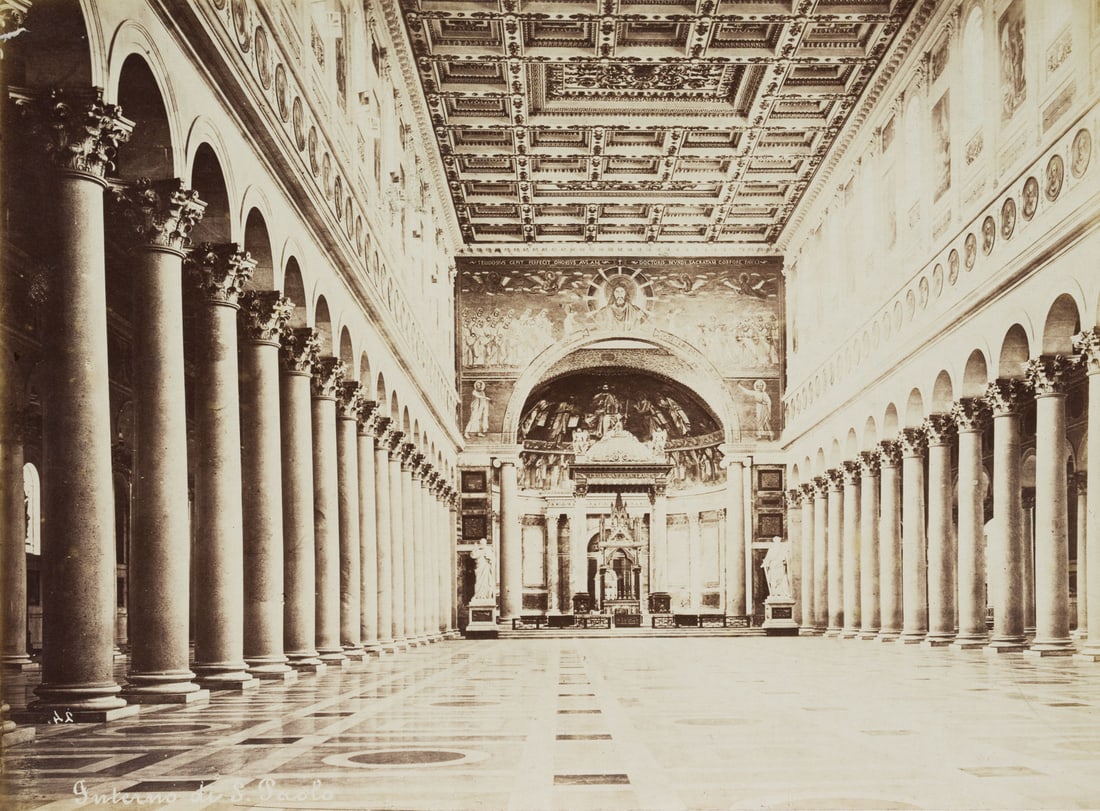 FRATELLI ALINARI (19th) Circle, Rome, Basilica of St Paul's, around 1880, albumen paper print: Fratelli Alinari (19th century) Circle: Rome, interior view of the basilica "St Paul Outside the Walls", "S Paolo fuori delle Mura", c. 1880, albumen paper print Technique: albumen paper print, mounte