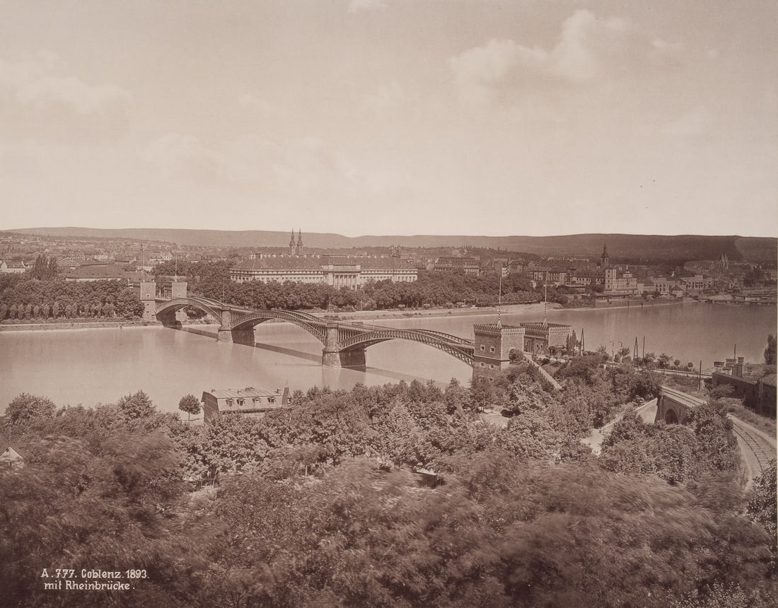 Unknown (19th), Koblenz with its railway bridge, 1893, albumen paper print: Unknown (19th century): View of Koblenz with former railway bridge, the "Coblenz Rhine Bridge", built between 1862 and 64 and destroyed in the war in 1945, with the Electoral Palace behind it on the o
