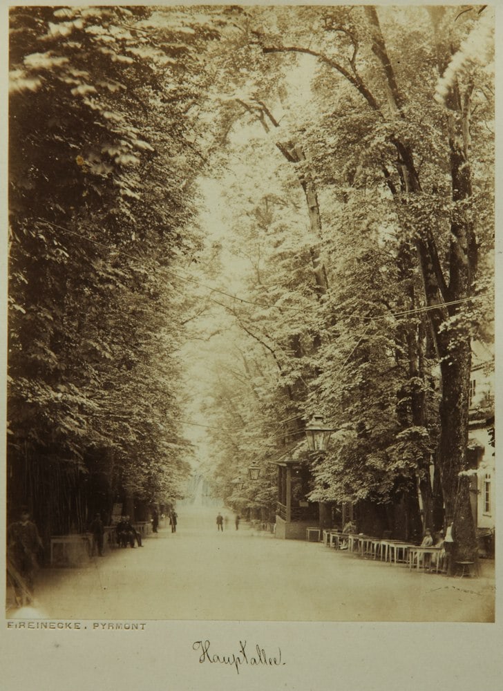 Unknown (19th), Bad Pyrmont Spa Gardens, around 1890, Black and white photograph: Unknown (19th century): View along the main avenue in the spa gardens of Bad Pyrmont, c. 1890, albumen paper print Technique: albumen paper print, mounted on Cardboard Date: c. 1890 Description: The n