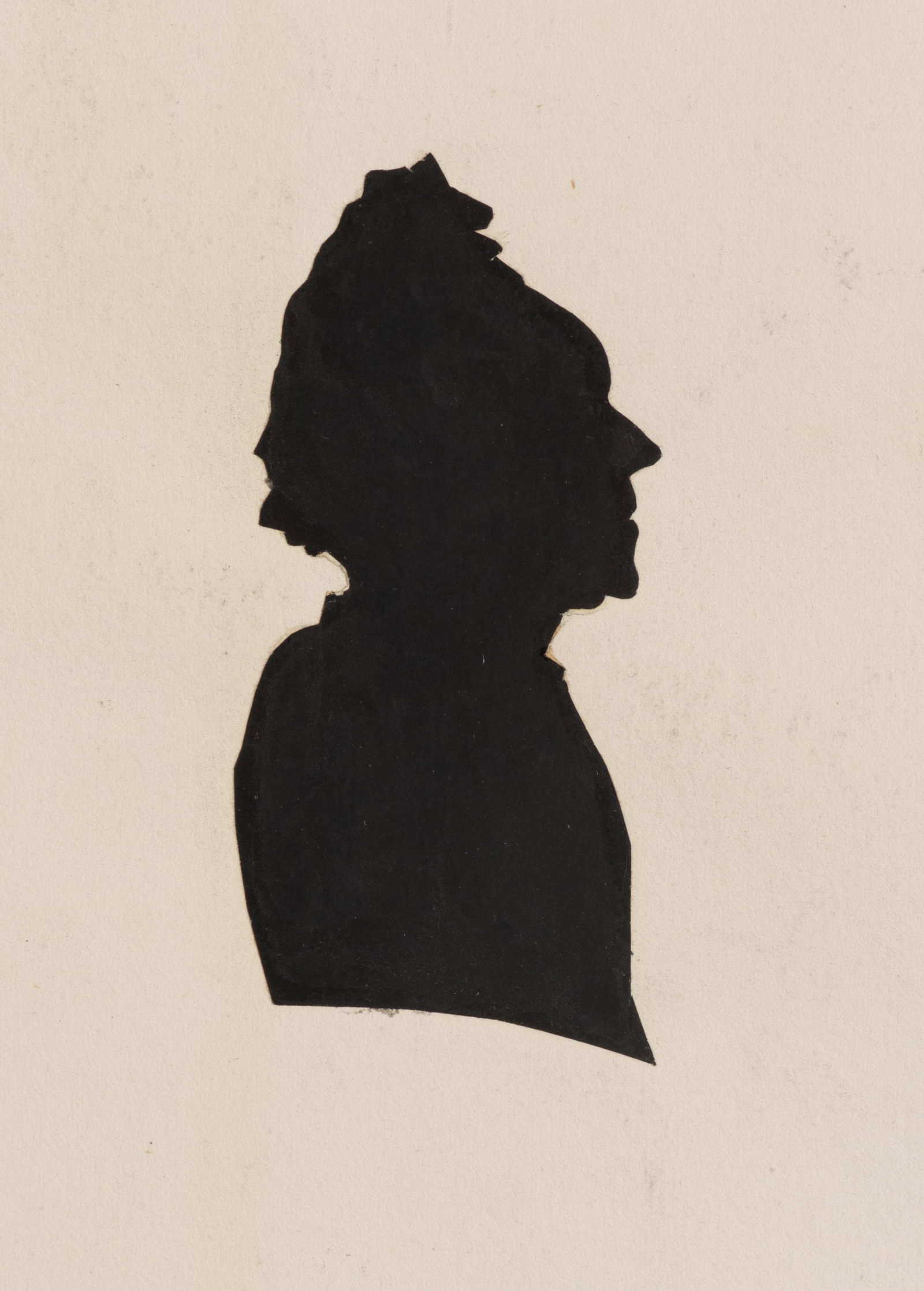 Unknown (19th), Lady wearing a headdress, Silhouette: Unknown (19th century): Lady with headdress Black profile silhouette of a person as a bust portrait on a light-coloured paper background, 19th century, Silhouette Technique: Silhouette on Paper, mount