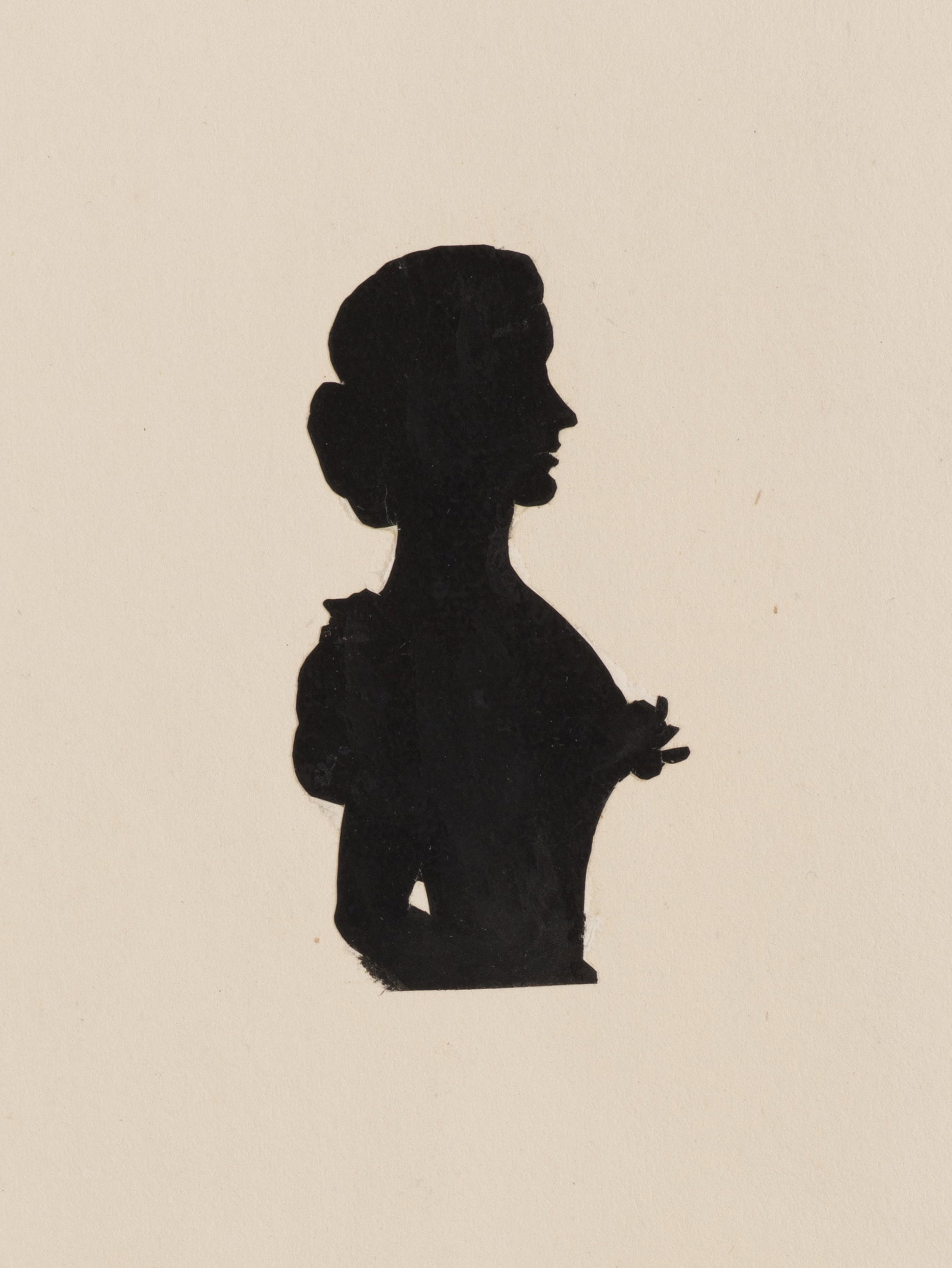 Unknown (19th), Mrs Preston in a dress, Silhouette: Unknown (19th century): Mrs Preston in a dress Black silhouette of a female bust in right profile on a light-coloured sheet, 19th century, Silhouette Technique: Silhouette on Paper, mounted on Paper I