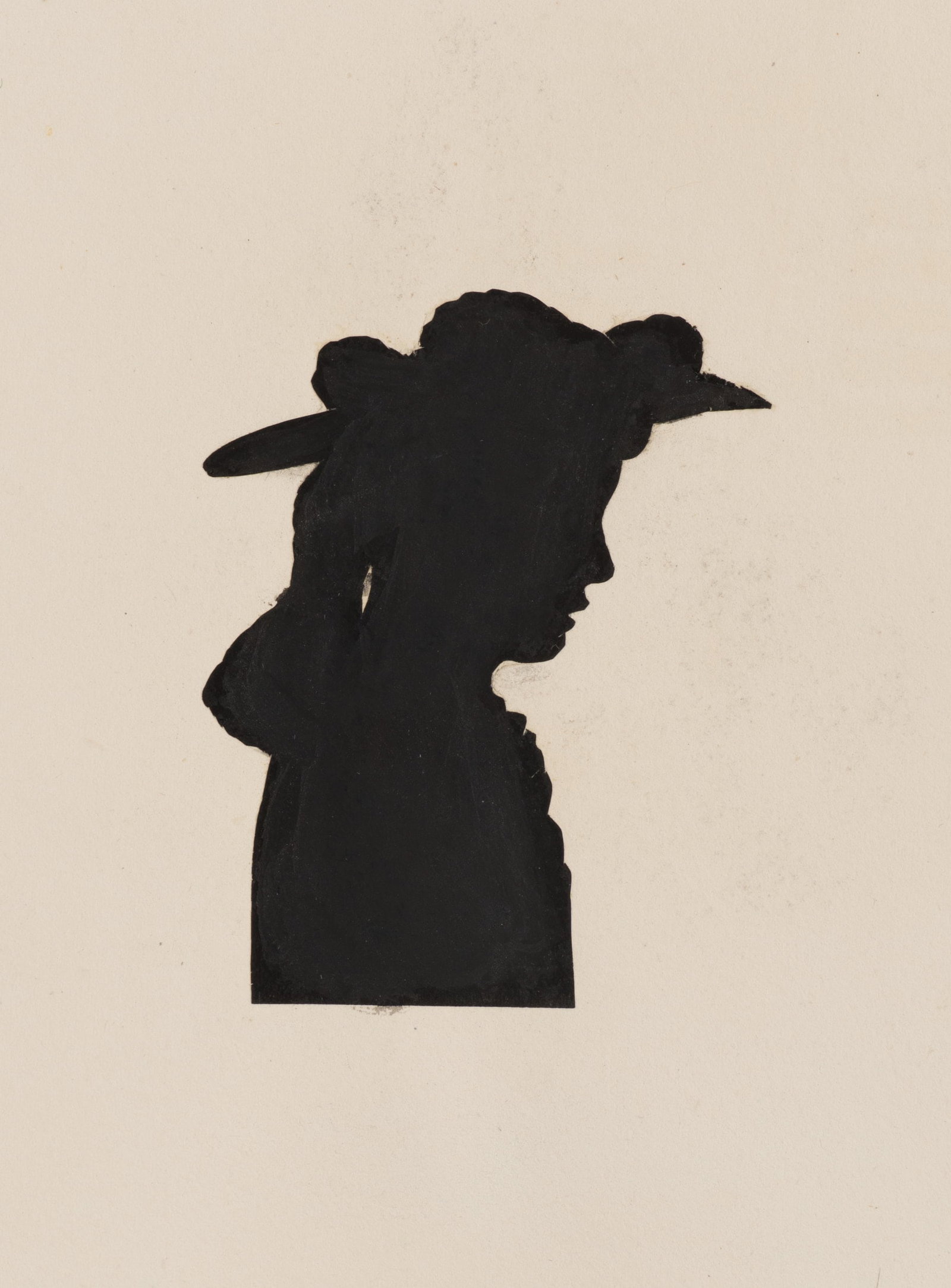 Unknown (19th), Girl with a hat, Silhouette: Unknown (19th century): Girl with hat Female profile portrait as a black silhouette on light-coloured paper, 19th century, Silhouette Technique: Silhouette on Paper, mounted on Paper Inscription: At t