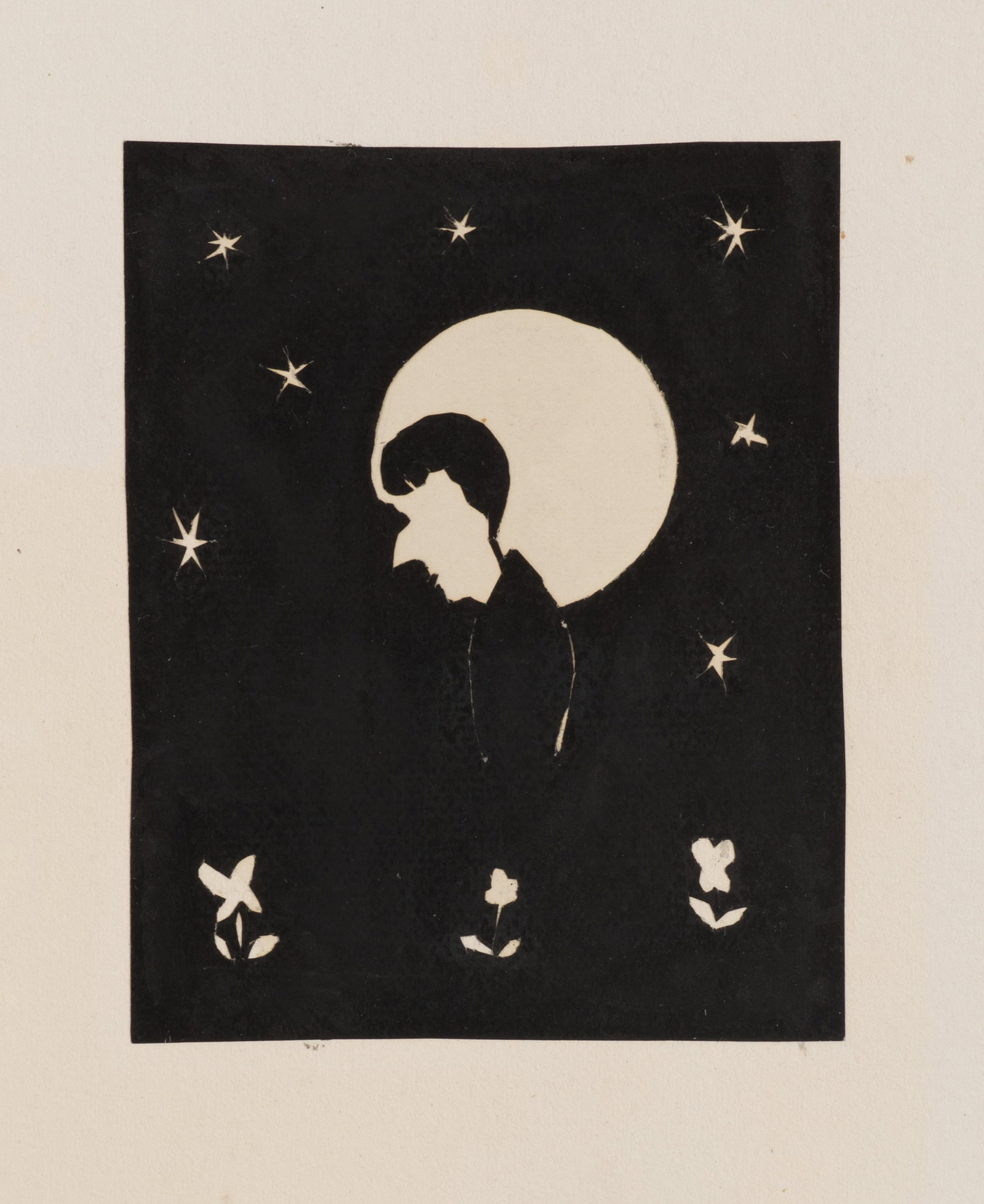 Unknown (19th), Aubrey Beardsley with the Moon, Silhouette: Unknown (19th century): Aubrey Beardsley with moon Silhouette figure in profile in front of a bright moon with stars and flowers, 19th century, Silhouette Technique: Silhouette on Paper, mounted on Pa
