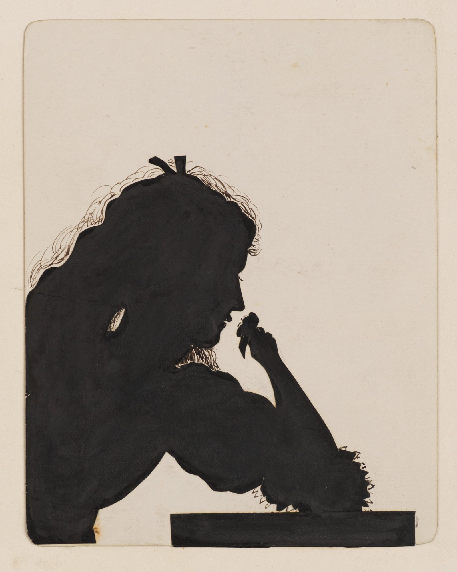 Unknown (19th), Girl with a flower, Silhouette: Unknown (19th century): Girl with flower Female half-length figure in profile after a black silhouette on a console, 19th century, Silhouette Technique: Silhouette and Pen drawing on Paper, mounted on