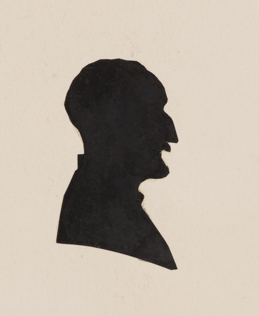Unknown (19th), Mr Leigh, Silhouette: Unknown (19th century): Mr Leigh Black profile silhouette of a man on a blank sheet with handwritten note, 19th century, Silhouette Technique: Silhouette on Paper, mounted on Paper Inscription: At the