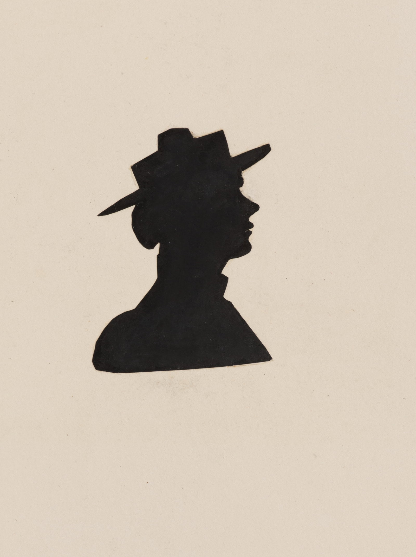Unknown (19th), Mrs Pratt wearing a hat, Silhouette: Unknown (19th century): Mrs Pratt with hat Black profile silhouette of a person looking to the right with a hat on a blank sheet, 19th century, Silhouette Technique: Silhouette on Paper, mounted on Pa