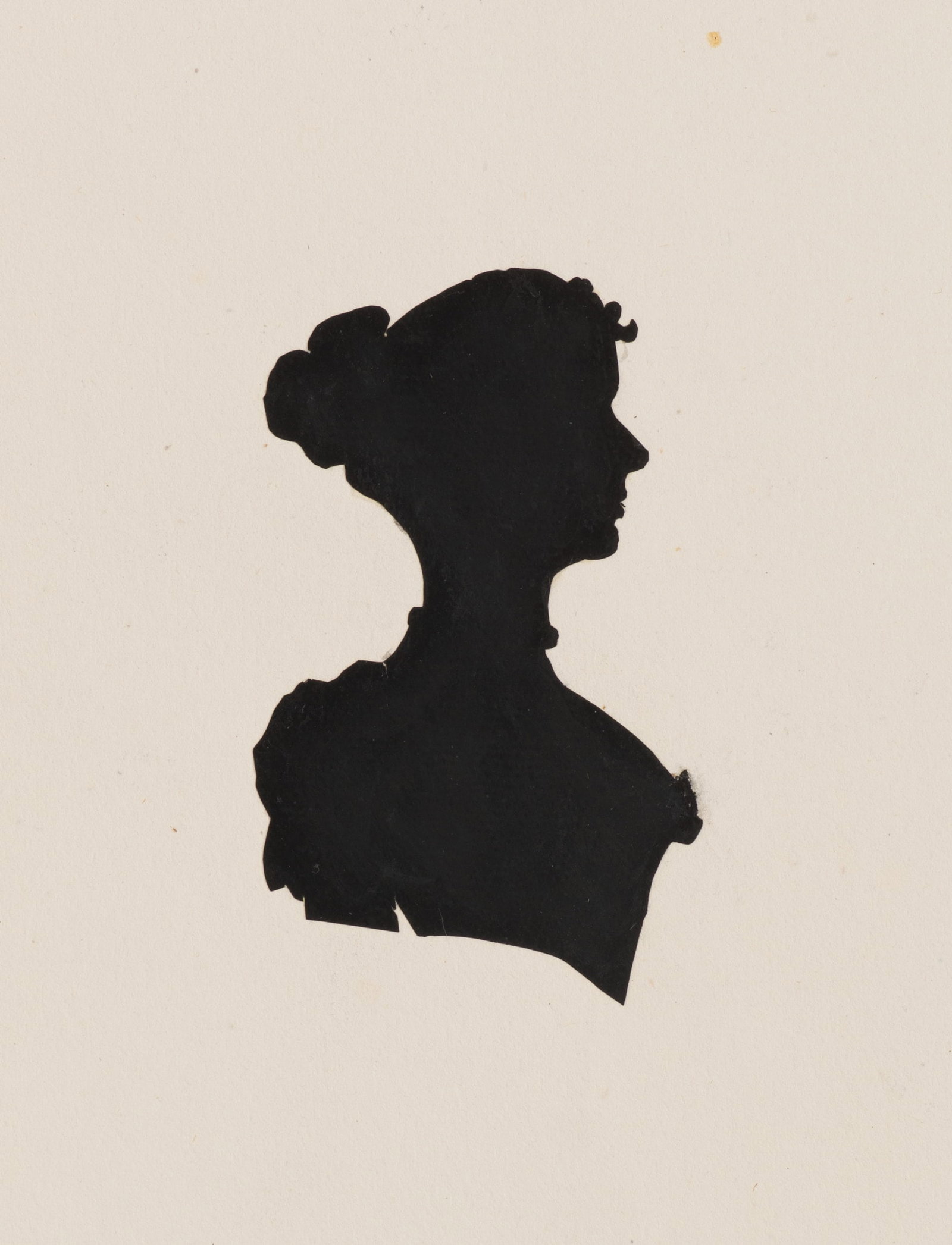 Unknown (19th), Elegant lady, Silhouette: Unknown (19th century): Elegant lady Female profile bust as a black silhouette on a light-coloured paper background, 19th century, Silhouette Technique: Silhouette on Paper, mounted on Paper Date: 19t