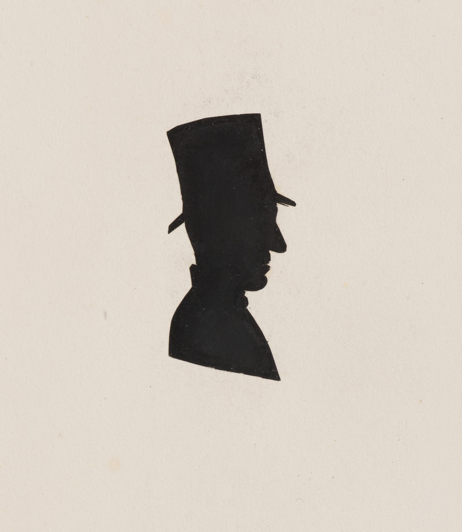 Unknown (19th), Man in a top hat, Silhouette: Unknown (19th century): Man with top hat Silhouetted profile portrait of a man with a tall top hat on a light-coloured paper background, 19th century, Silhouette Technique: Silhouette on Paper, mounte