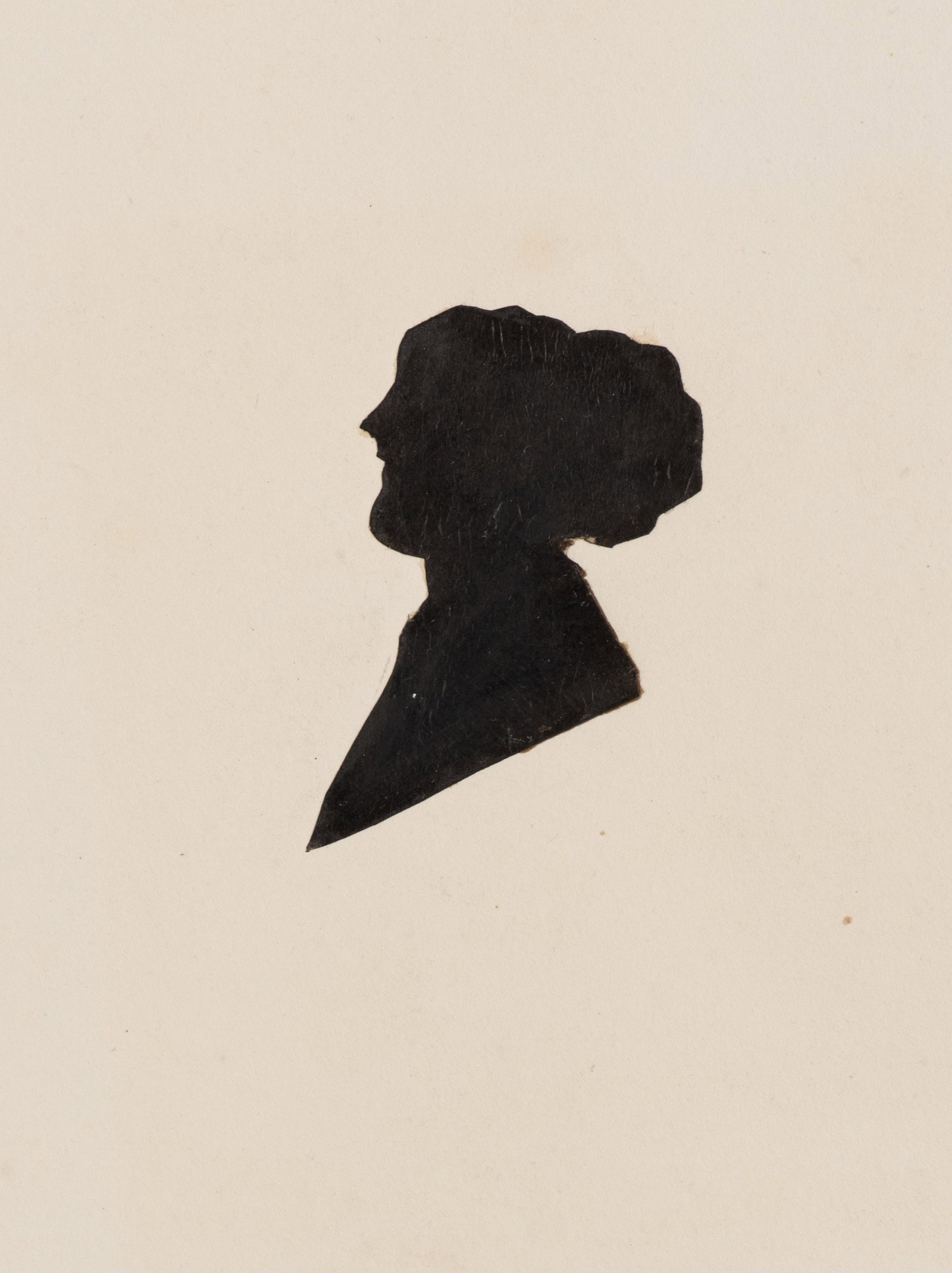 Unknown (19th), Portrait of a Lady, O.T.P., 1898, Silhouette: Unknown (19th century): Portrait of a lady, OTP Black profile silhouette of a woman on a large sheet with handwritten note, 1898, Silhouette Technique: Silhouette on Paper, mounted on Paper Inscriptio