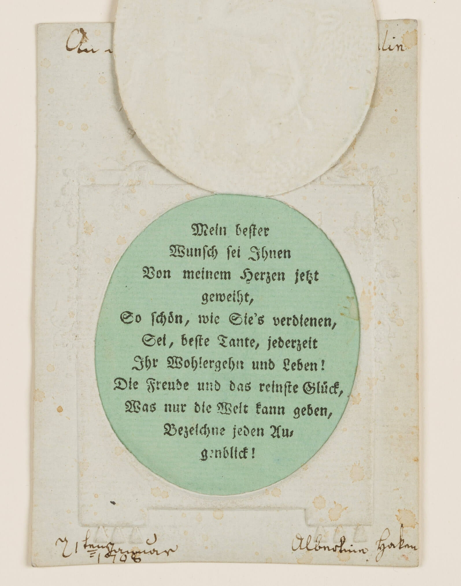 Unknown (19th), Fold-out card with a silk insert, 1808, Congratulations billet: Unknown (19th century): Embossed folding card with silk inlay, on it shepherdess sitting under a tree, 1808, Congratulations billet Technique: Congratulations billet on Paper Date: 1808 Keywords: Gree