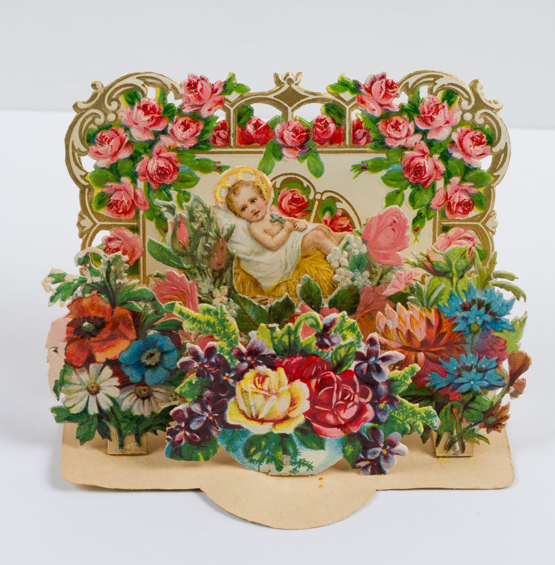 Unknown (19th), Greeting card. The Christ Child, around 1900, Congratulations billet: Unknown (19th century): Elaborately designed greeting card with the Christ Child surrounded by flowers, around 1900, chromolithography, c. 1900, Congratulations billet Technique: Congratulations bille