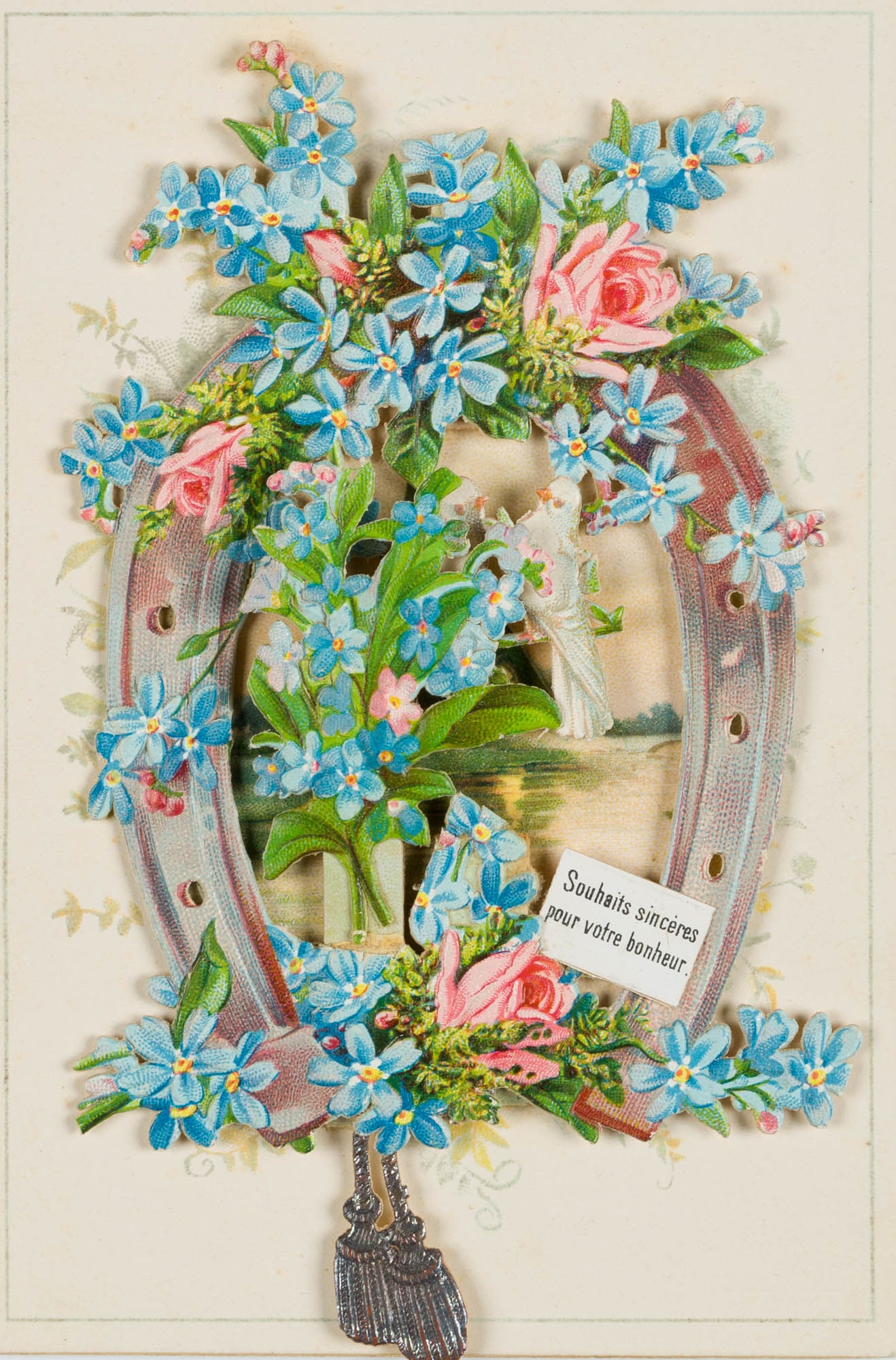 Unknown (19th), Congratulatory card featuring a horseshoe, around 1900, Congratulations billet: Unknown (19th century): Embossed and die-cut greeting card for a wedding Fold out with flowers arranged around a horseshoe, a pair of white doves and a church on the water in the background, c. 1900, 