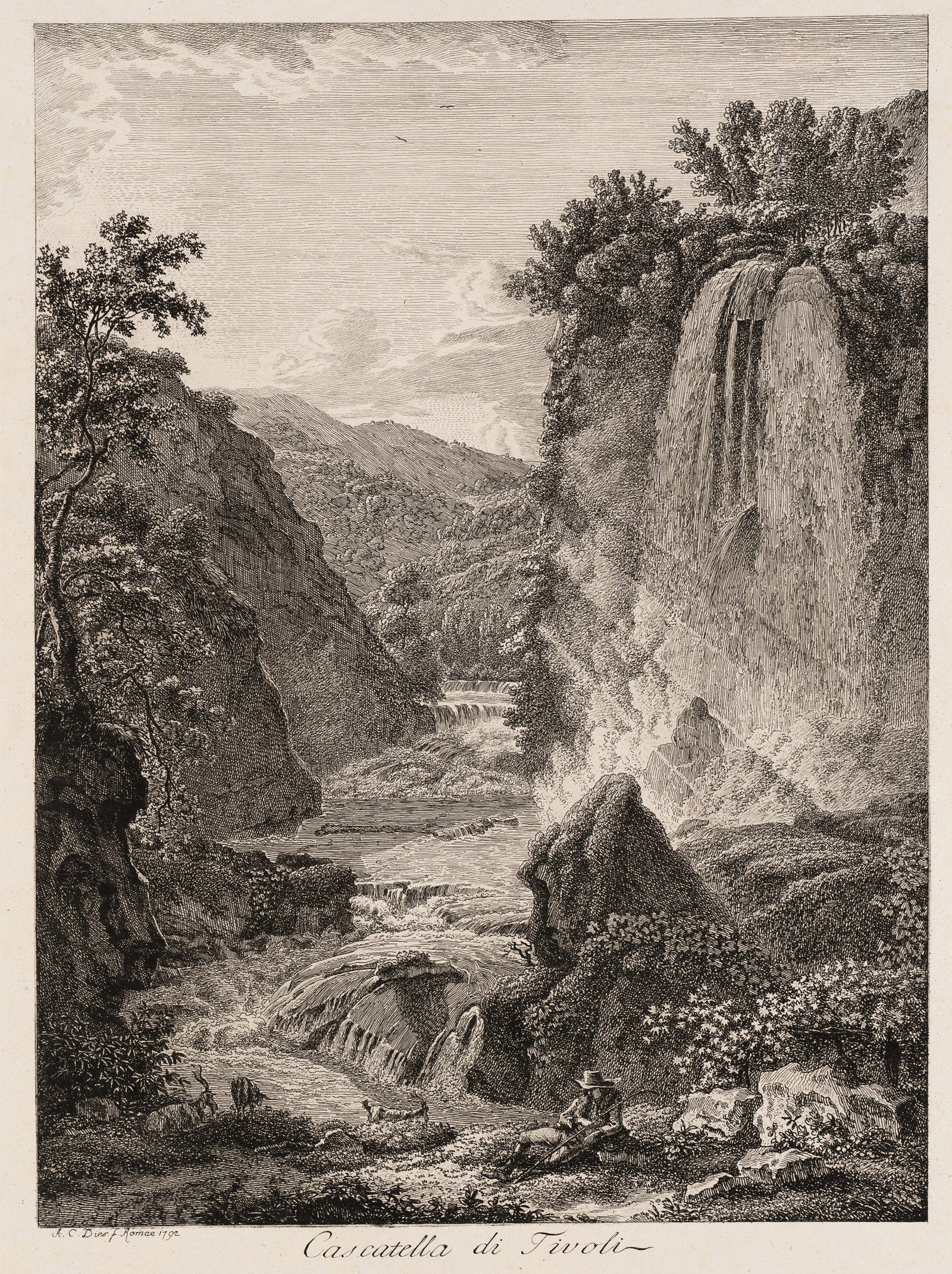 A. DIES (1755-1822), Waterfalls at Tivoli, 1799, Etching: Albert Christoph Dies (before 1755 Hannover - 1822 Vienna): Cascades near Tivoli Aniene waterfall near Tivoli in the Campagna Romana, 1799, Etching Technique: Etching on Paper Inscription: lower left 