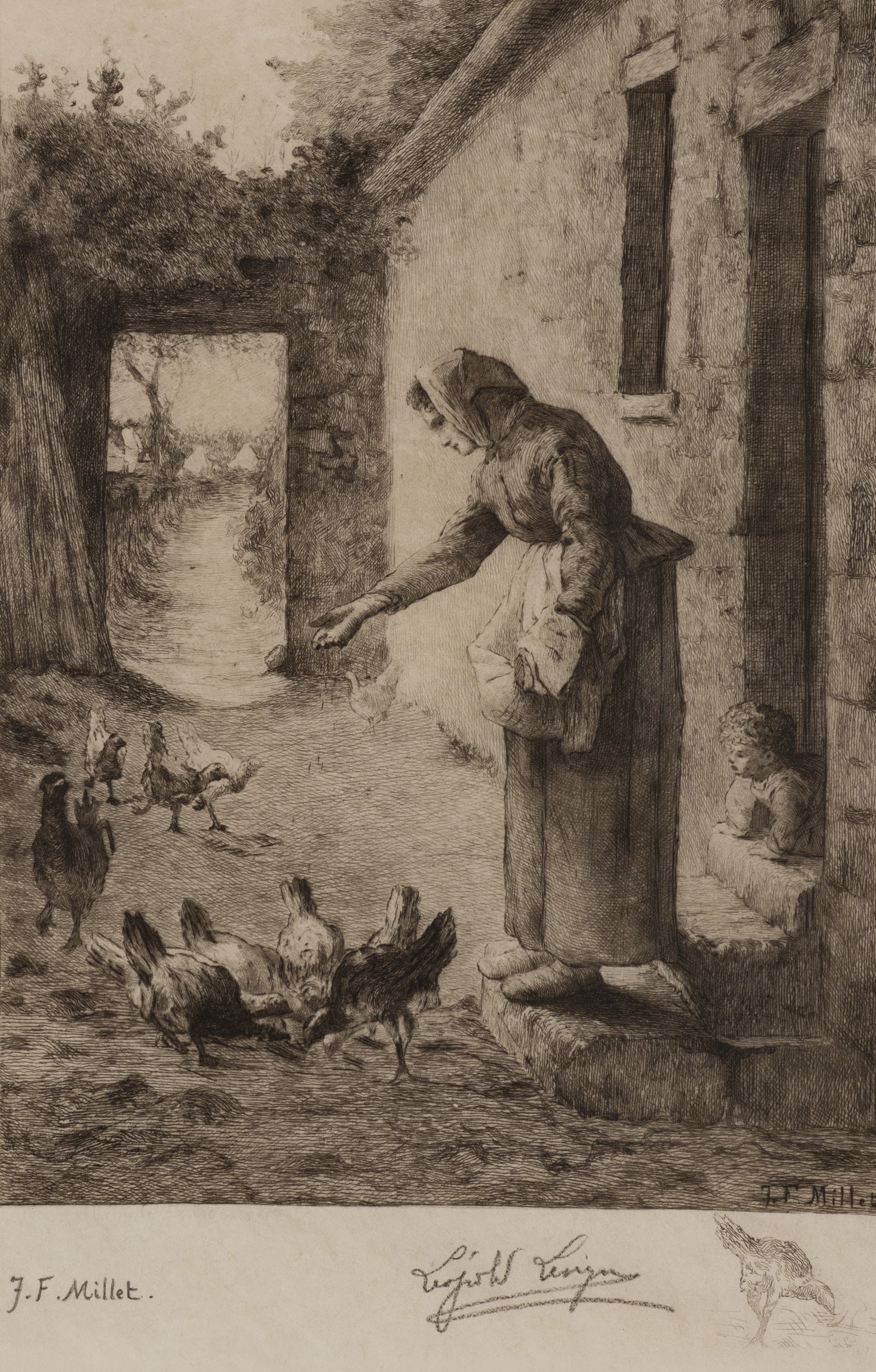After MILLET (*1642), A woman feeds the chickens, Etching: After Jean François Millet (1642 - 1679 ): Woman feeding chickens Rural woman feeding chickens in a rural idyll, 19th century, Etching Technique: Etching on Paper Inscription: Lower right signed 