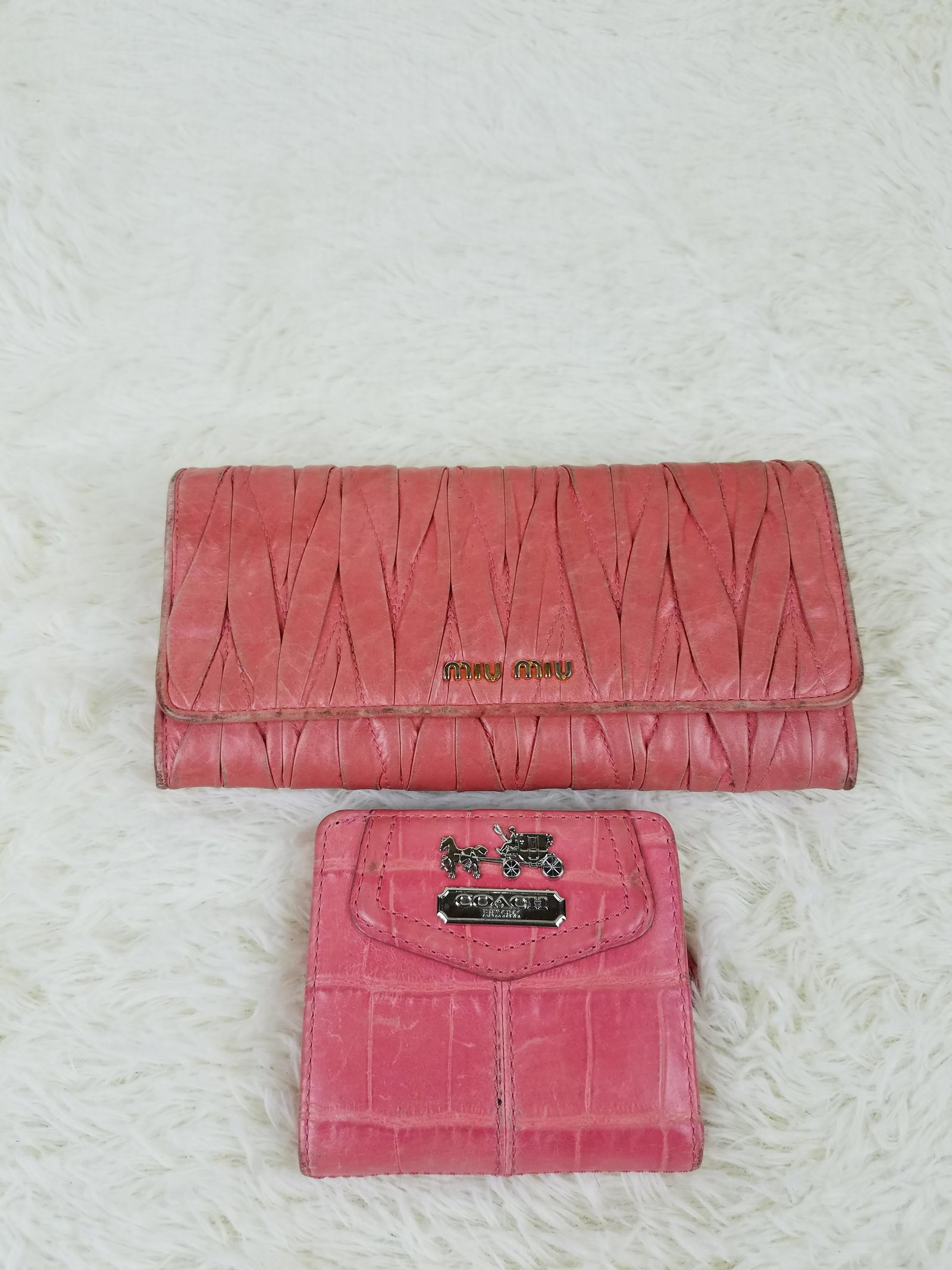 Miu Miu And Coach Wallet Set Pink: Brand: Coach, Miu Miu Material: Leather Style: Pleated, other Color: Pink Size(inch): Country of Origin: China, Italy Come with: - Rabbit's Habit items come with a 100% money-back authenticity guarant