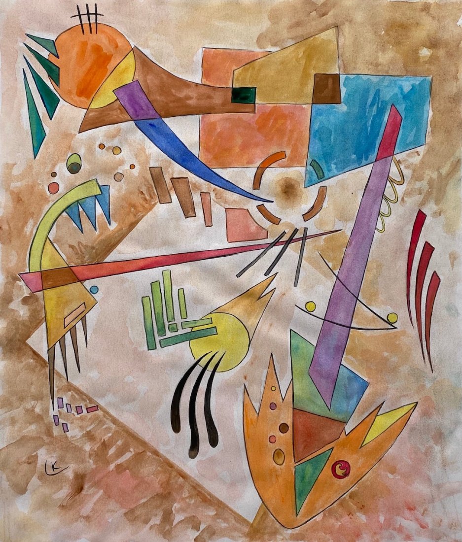 Wassily Kandinsky (Watercolor on paper) in the style of: Watercolor painting on paper, 14 x 11-1/2 inches, signed, private collection. Wassily Kandinsky (1866-1944) in the style of.