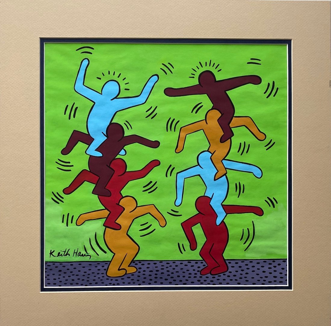 Keith Haring (Gouache on Paper) in the style of: Pop art gouache painting on paper, 13 x 13 inches, signed, private collection. Keith Haring (1958-1990) in the stye of