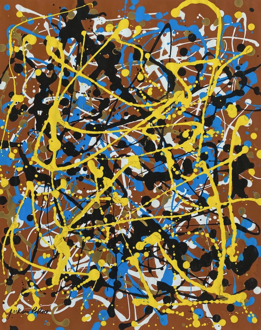 Jackson Pollock (Gouache on Paper) In the Style of: Abstract gouache painting on paper, 15 x 12 inches, signed in lower left, private collection. Jackson Pollock (1912-1956) in the style of