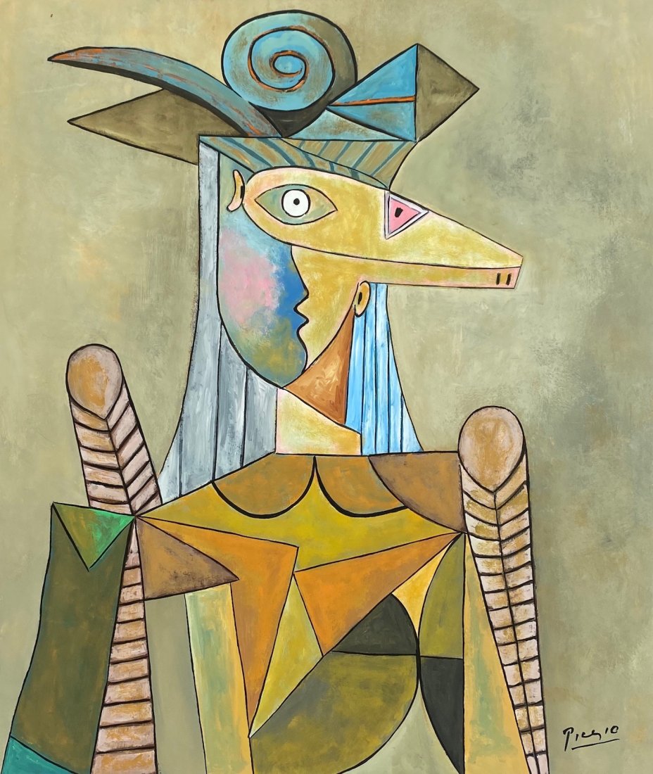 Pablo Picasso (Gouache on Paper) In the Style of: Cubist gouache painting on paper, 18 x 14 inches, signed in lower right, private collection. Pablo Picasso (1881-1973) in the style of.