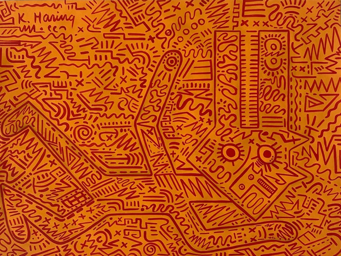 Keith Haring (Gouache on Paper ) in the style of: Pop art gouache painting on paper, 10-1/2 x 14 inches, signed in upper left, private collection. Keith Haring (1958-1990) in the stye of