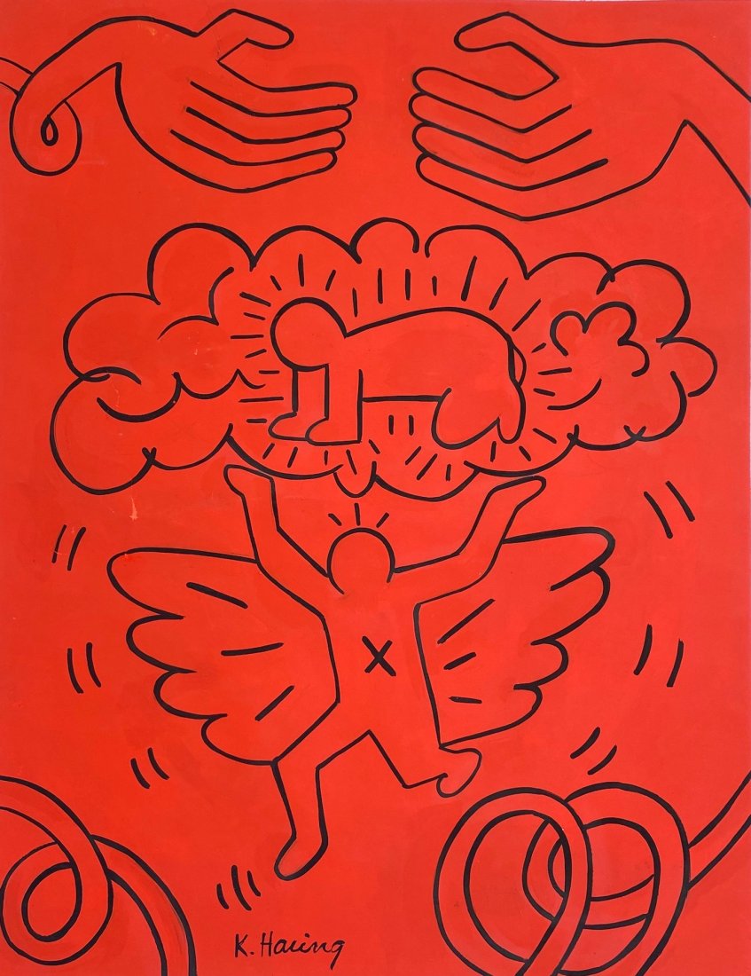 Keith Haring (Gouache on Paper ) in the style of: Pop art gouache painting on paper, 14 x 11 inches, signed, private collection. Keith Haring (1958-1990) in the stye of