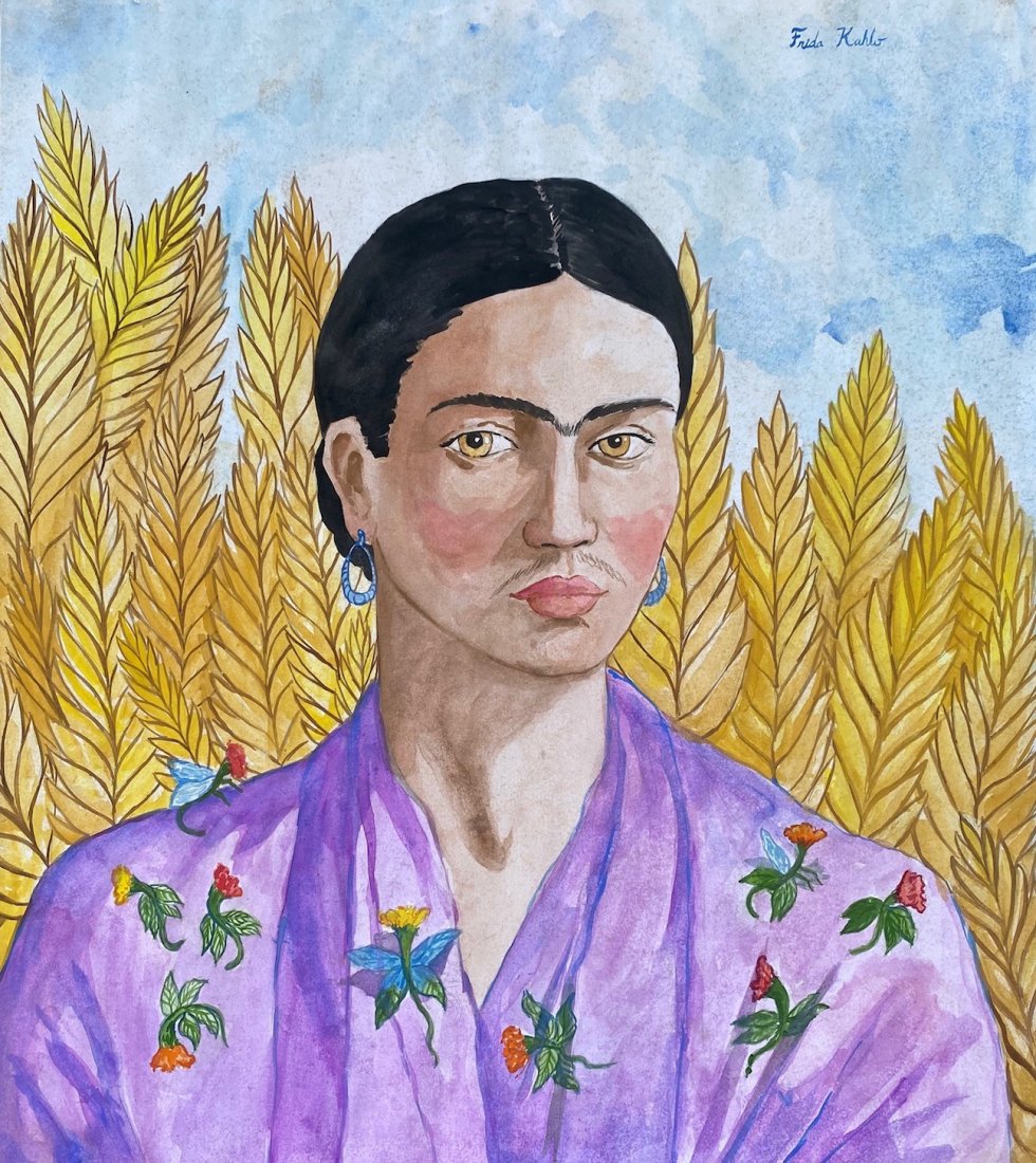 Frida Kahlo (Watercolor on paper) In the Style of: Beautiful watercolor painting on paper, 16 x 14 inches, signed in upper right, private collection. Frida Kahlo (1907-1954) in the style of.