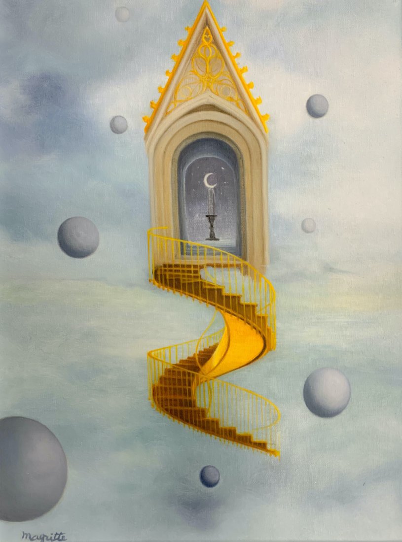 Rene Magritte (Oil on Canvas) In the Style of: Oil on Canvas painting, 11 x 14.5 inches, signed lower left. Private Collection.Rene Magritte (1898-1967) In the Style of.