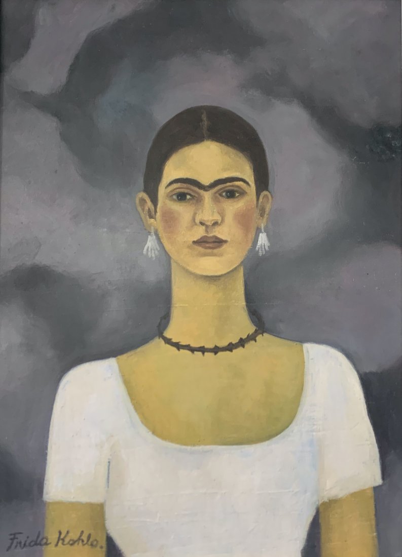 Frida Kahlo (Oil on Canvas) In the style of: Oil on Canvas painting, 12.5 x 17.5 inches. Signed lower left. Private CollectionFrida Kahlo (1907-1954) In the Style of