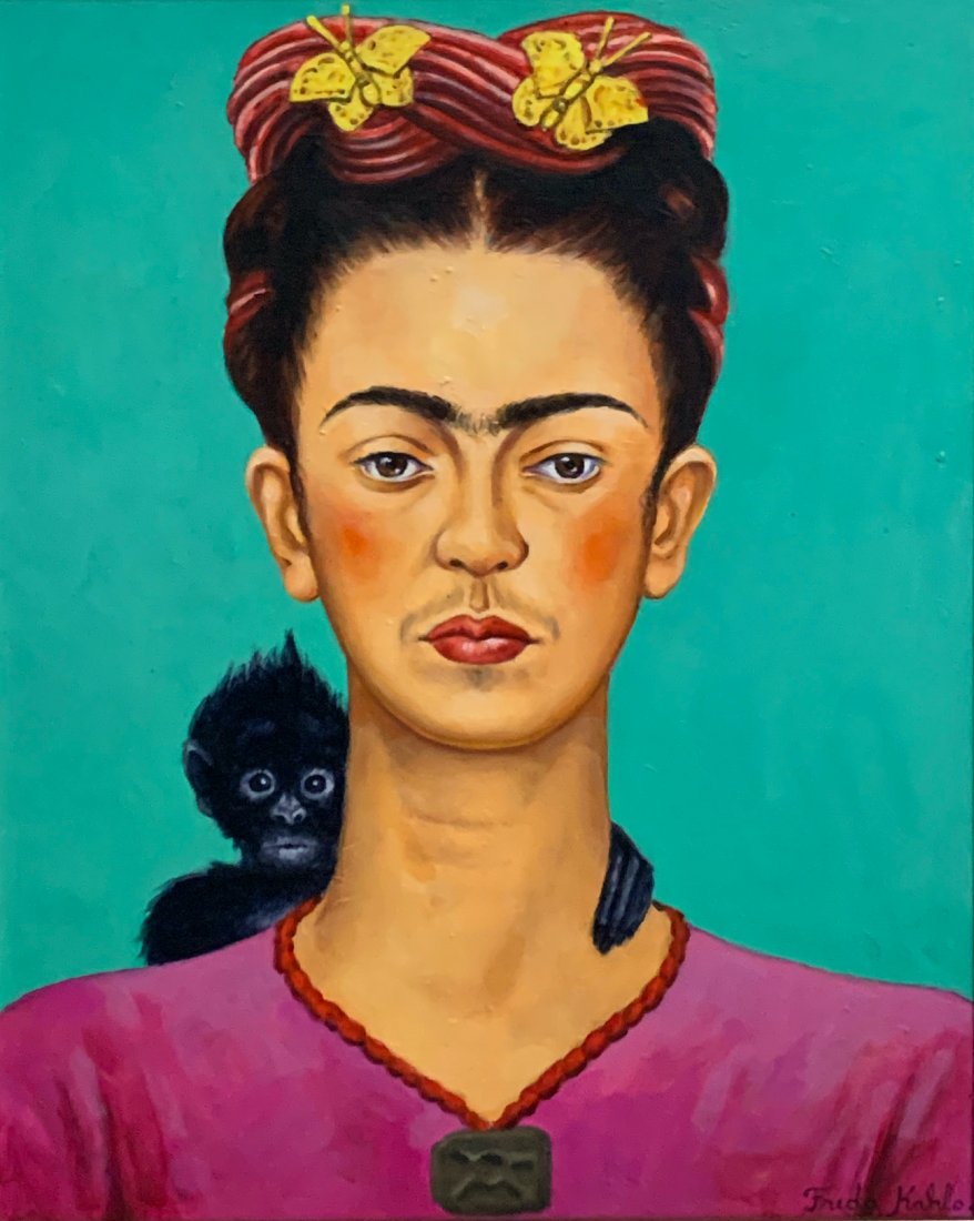 Frida Kahlo (Oil on Canvas) In the style of: Oil on Canvas painting, 15.5 x 19.5 inches. Signed lower right. Private CollectionFrida Kahlo (1907-1954) In the Style of