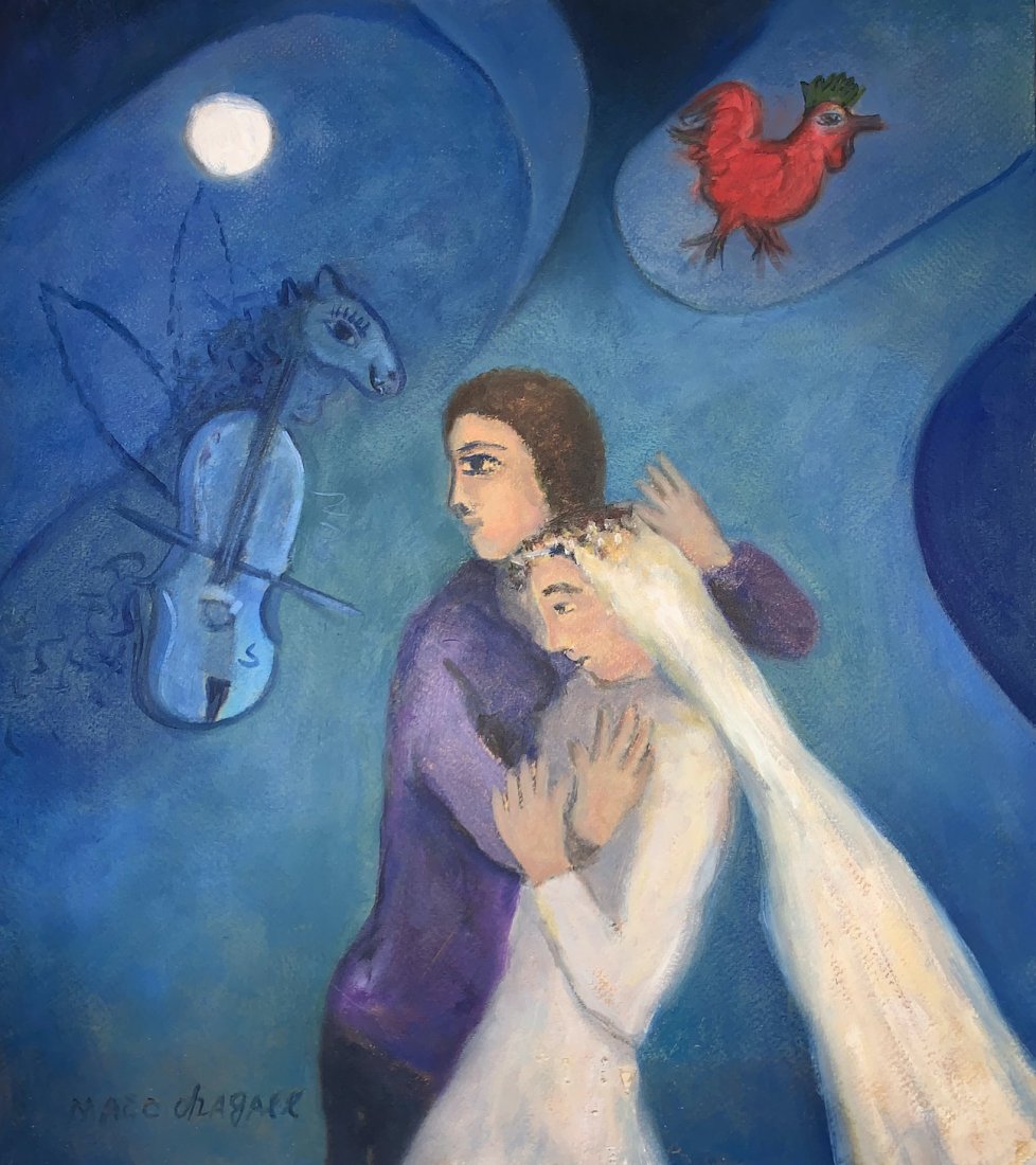 Marc Chagall (Pastel on paper) In the Style of: Pastel on paper painting, 13 x 15 inches. Signed lower left. Private CollectionMarc Chagall (1887-1985) In the Style of