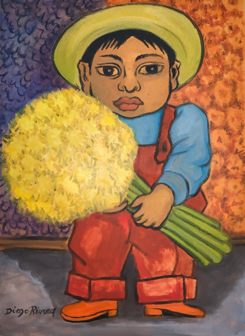 Diego Rivera (Pastel on paper)In the Style of: Pastel on paper painting. Measures 12 x 16 inches. Private Collection. Signed lower left. Diego Rivera (1886-1957)In the Style of