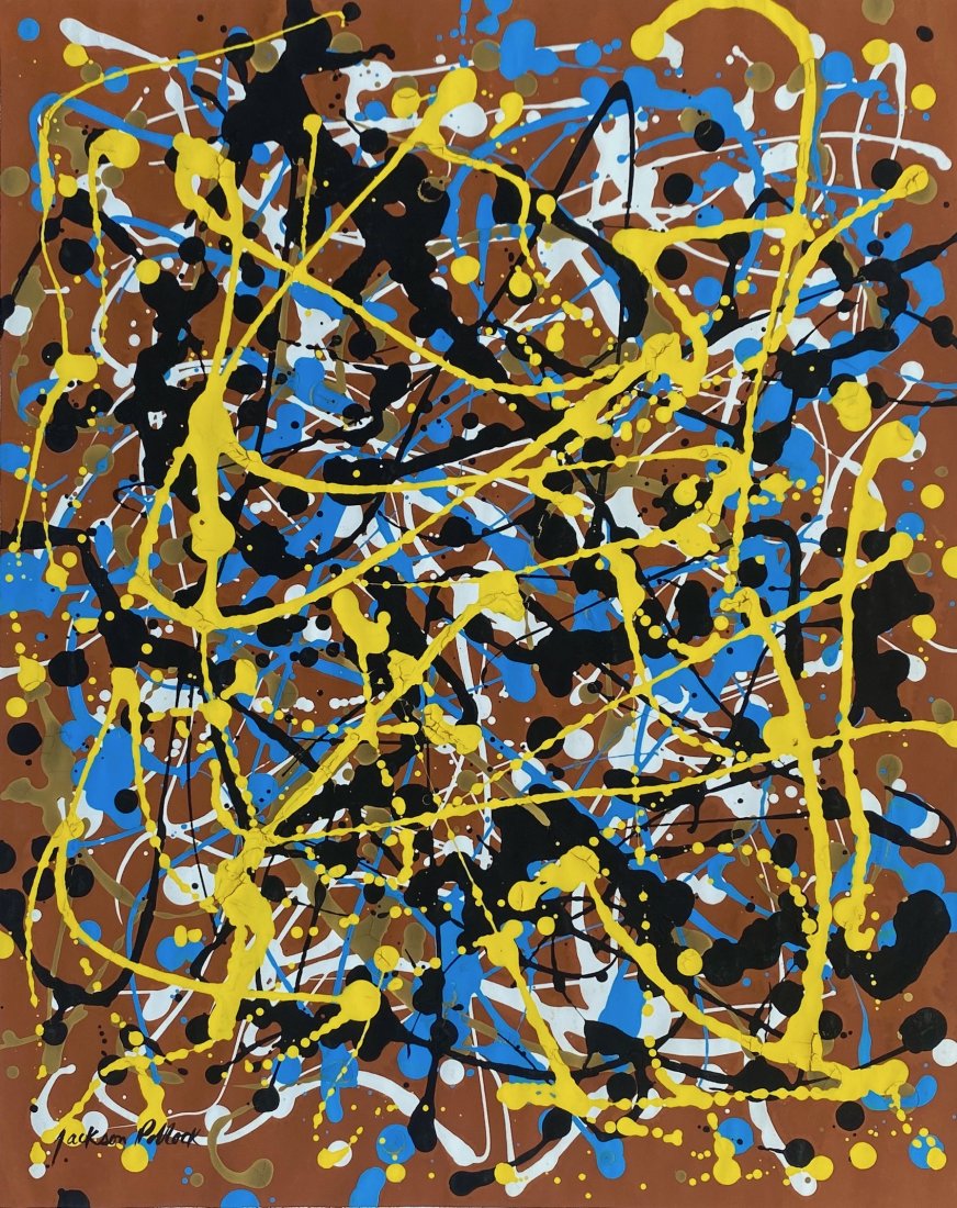 Jackson Pollock (Gouache on Paper) In the Style of: Abstract Gouache on Paper Painting. 15 x 12 Inches. Signed, Private collection. Jackson Pollock(January 28, 1912 – August 11, 1956) was an American painter