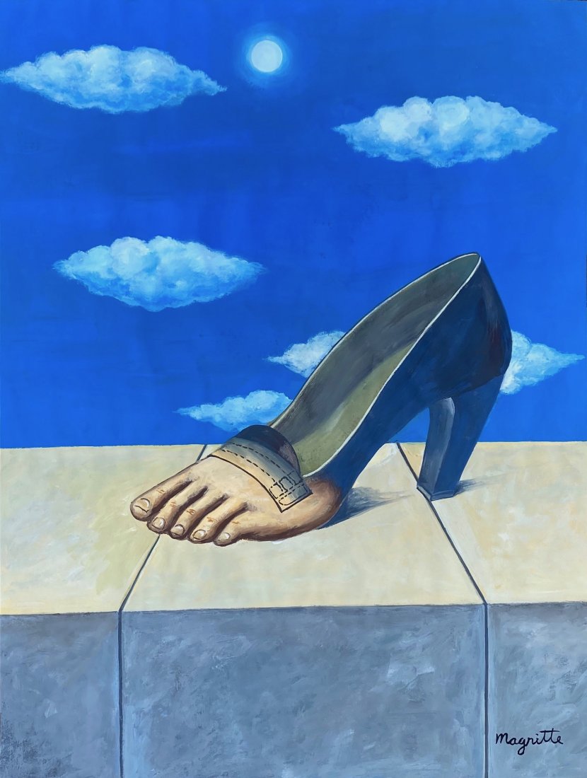Rene Magritte (Gouache on Paper) in the style of: Gouache painting on paper, 16 x 12 inches, signed in upper right, private collection. Rene Magritte (1898-1967) In the style of.