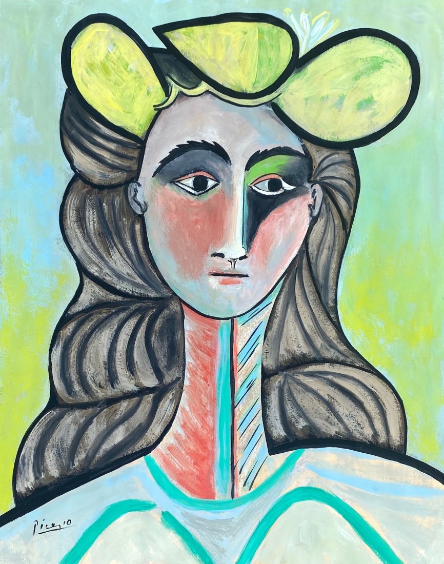 Pablo Picasso (Gouache on Paper) In the Style of: Cubist gouache painting on paper, 13 x 10 3/4 inches, signed in lower left, private collection. Pablo Picasso (1881-1973) in the style of.