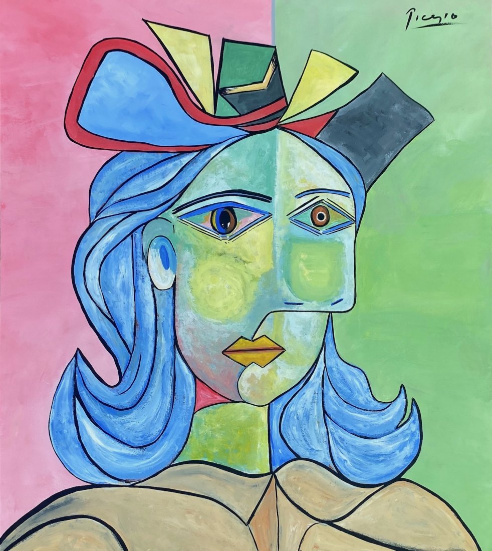 Pablo Picasso (Gouache on Paper) In the Style of: Cubist gouache painting on paper, 13-3/8 x 11-3/4 inches, signed in upper right, private collection. Pablo Picasso (1881-1973) in the style of.