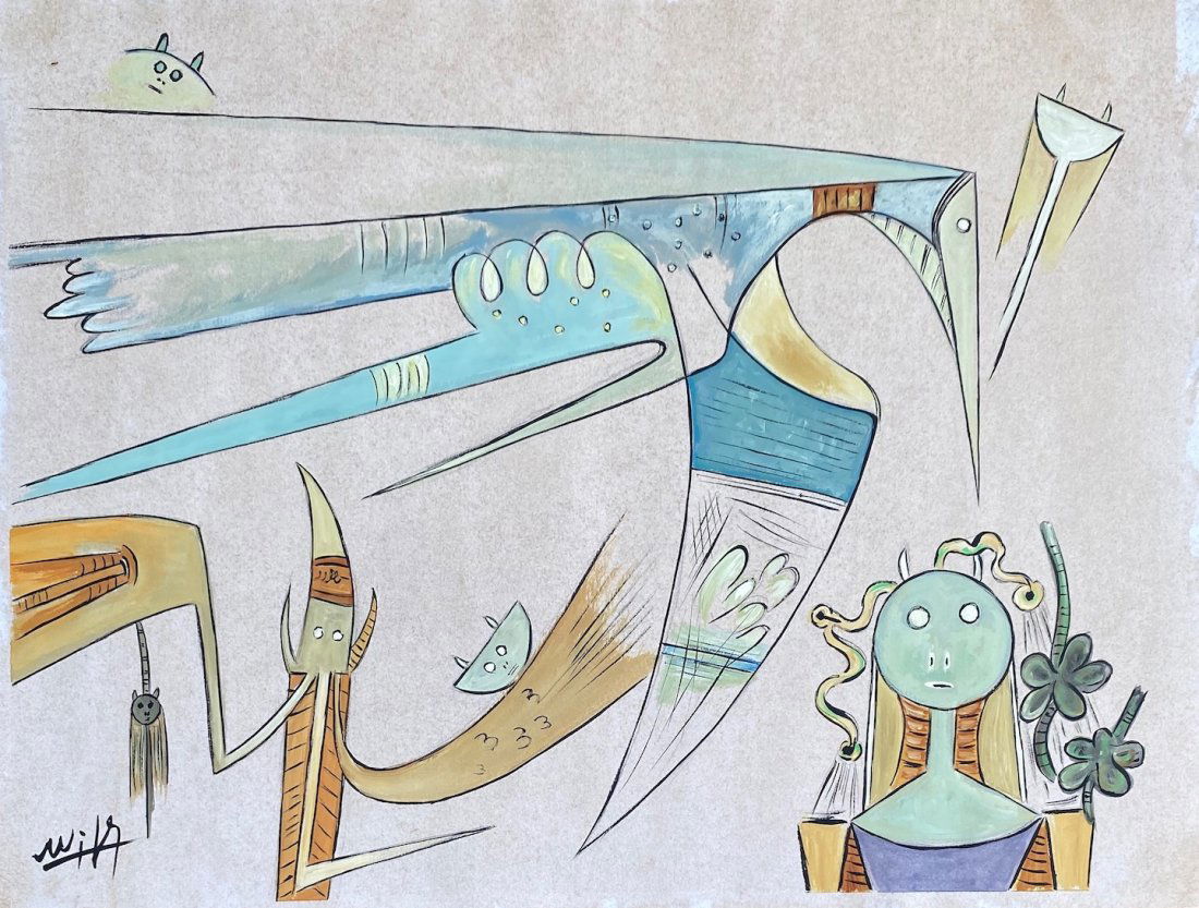 Wifredo Lam (Gouache on Paper) In the Style Of: Beautiful gouache painting on paper, 9 x 12 inches, signed in lower left, private collection. Wifredo Lam (1902-1982)