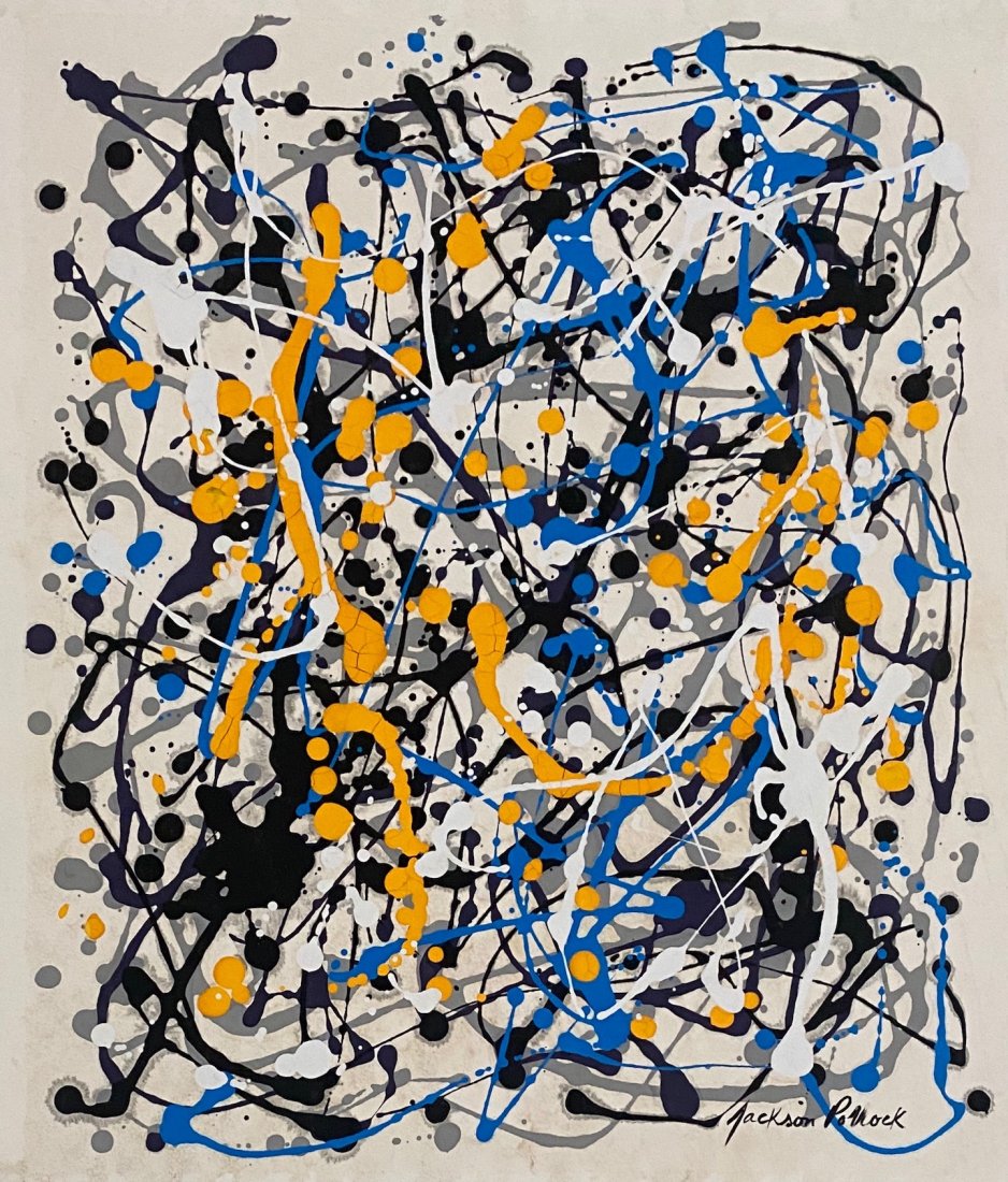 Jackson Pollock (Gouache on Paper) In the Style of: Abstract gouache painting on paper, 15 x 12-1/2 inches, signed in lower right, private collection. Jackson Pollock (1912-1956) in the style of