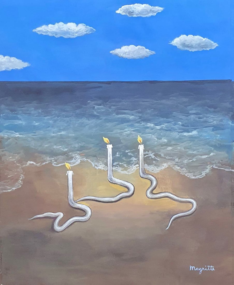 Rene Magritte (Gouache on Paper): This lot consists of a framed gouache painting on paper, rendered in the surrealist style of Rene Magritte (Belgian, 1898-1967). Measures of the painting unframed: 15 x 12.Private collection.