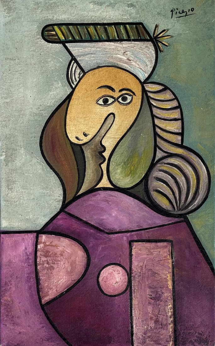 Pablo Picasso (Oil on Canvas): This lot consists of a framed oil painting on canvas, rendered in the cubist style of Pablo Picasso (Spanish, 1881-1973). Measures of the painting unframed: 13 x 8. Private collection.