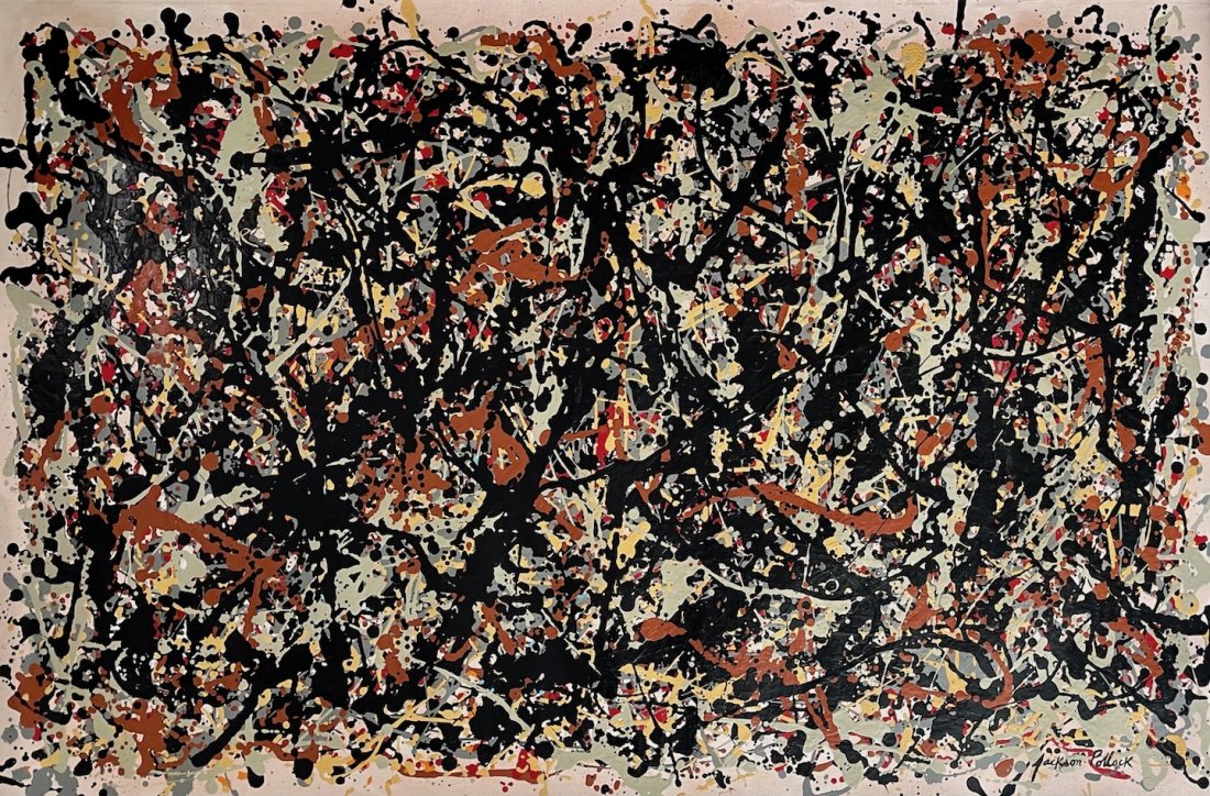 Jackson Pollock (Oil on Canvas): This lot consists of a framed oil painting on canvas, rendered in the abstract style of Jackson Pollock (American, 1912-1956). Measures of the painting unframed: 38 x 25. Private collection.