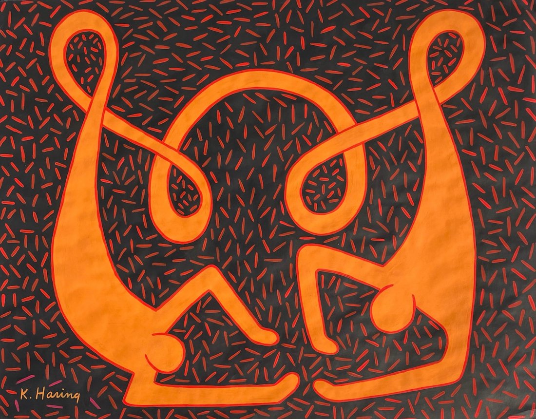Keith Haring (Gouache on Paper): This lot consists of a framed gouache painting on paper, rendered in the pop art style of Keith Haring (American, 1958-1990). Measures of the painting unframed: 18 x 13.5. Private collection.