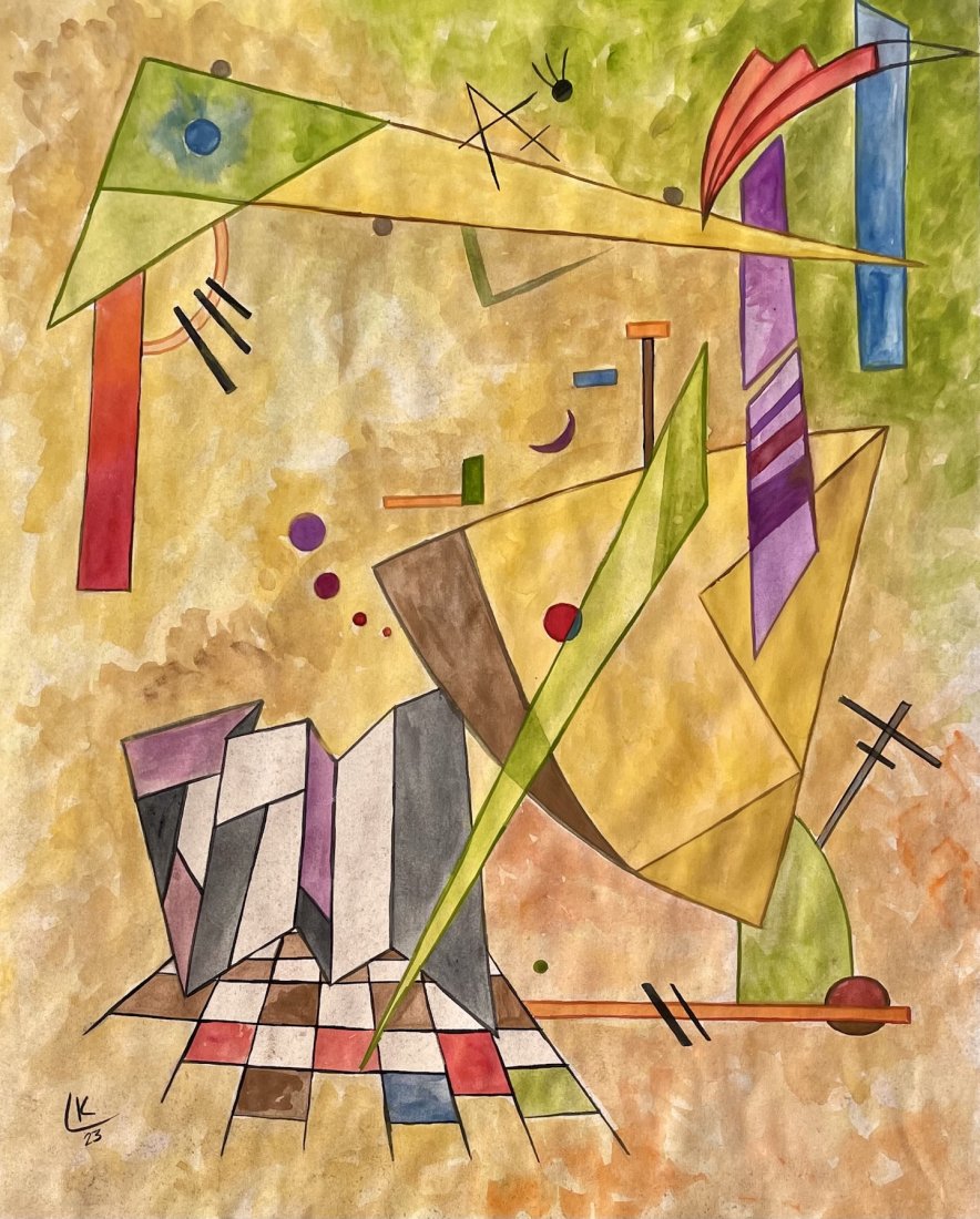 Wassily Kandinsky (Watercolor on Paper): This lot consists of a framed watercolor painting on paper, rendered in the abstract style of Wassily Kandinsky (Russian, 1866-1944). Measures of the painting unframed: 16 x 12. Private collection.
