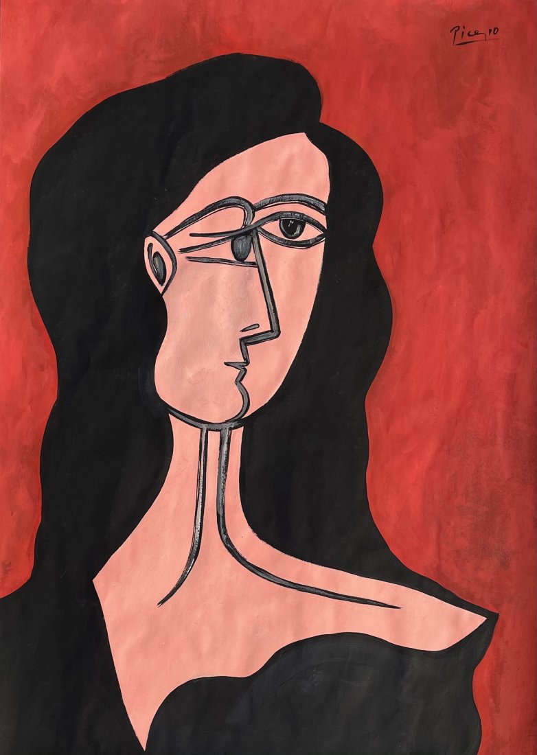 Pablo Picasso (Gouache on Paper): This lot consists of a framed gouache painting on paper, rendered in the cubist style of Pablo Picasso (Spanish, 1881-1973). Measures of the painting unframed: 18.5 x 13.5 inches. Private collection.