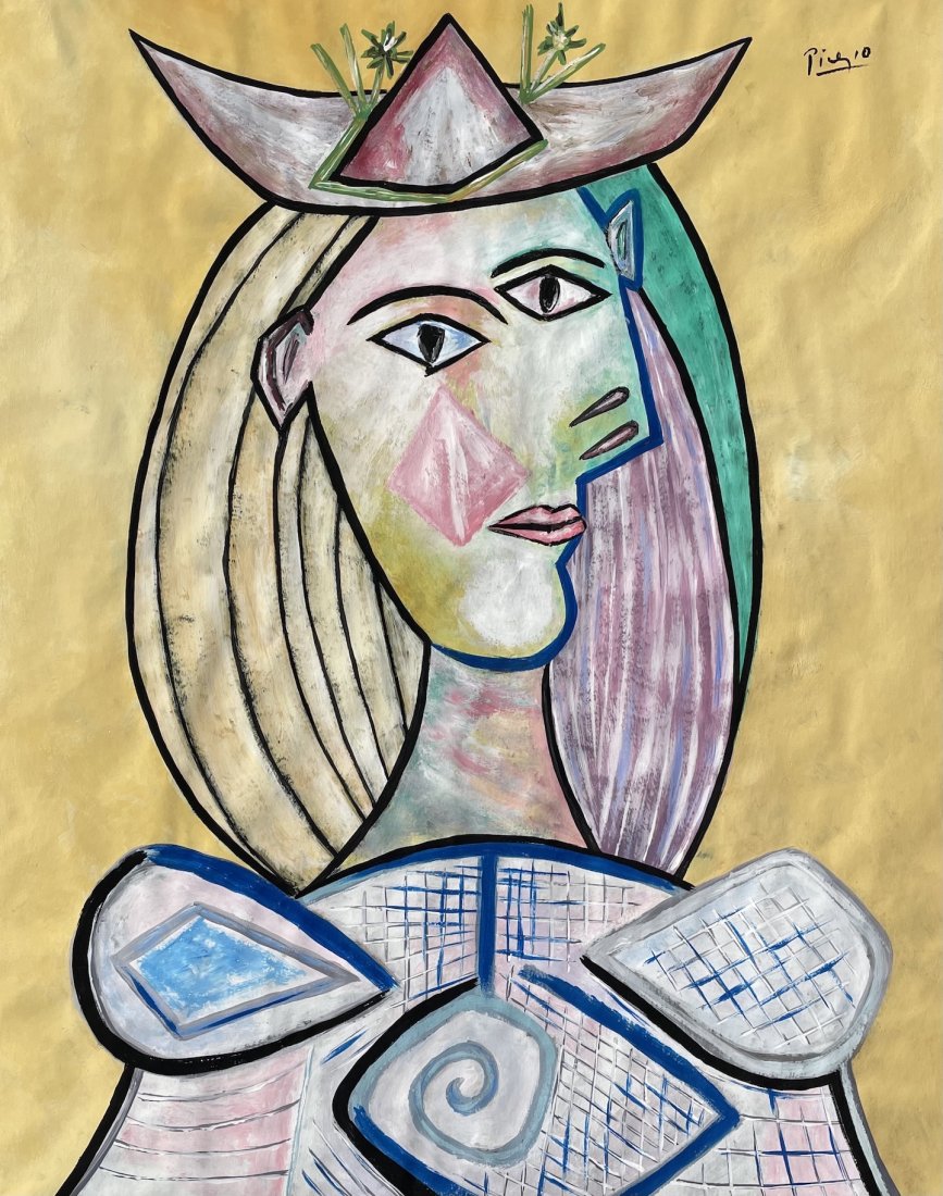 Pablo Picasso (Gouache on Paper): This lot consists of a framed gouache painting on paper, rendered in the cubist style of Pablo Picasso (Spanish, 1881-1973). Measures of the painting unframed: 15 x 12 inches. Private collection.