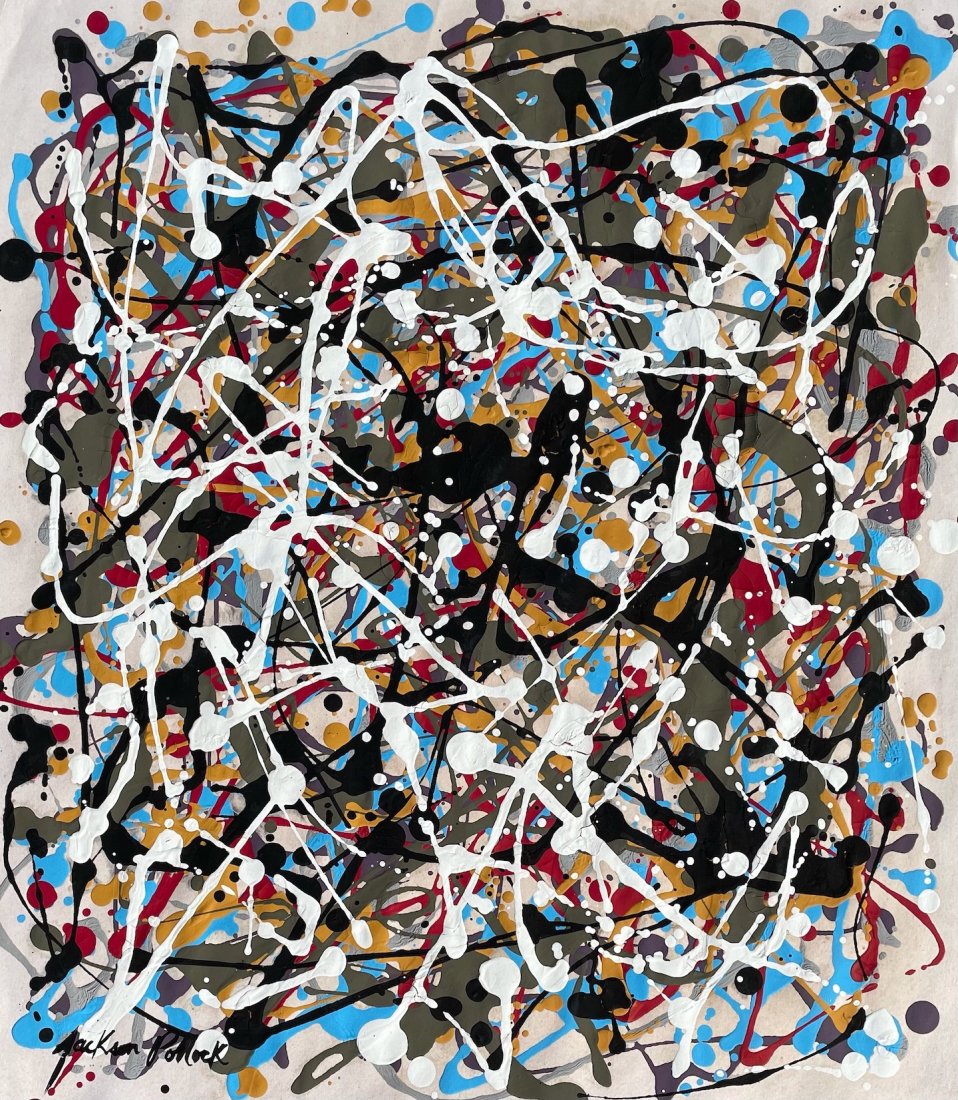 Jackson Pollock (Gouache on Paper): This lot consists of a framed gouache painting on paper, rendered in the abstract style of Jackson Pollock (American, 1912-1956). Measures of the painting unframed: 14.5 x 12.5 inches. Private collect